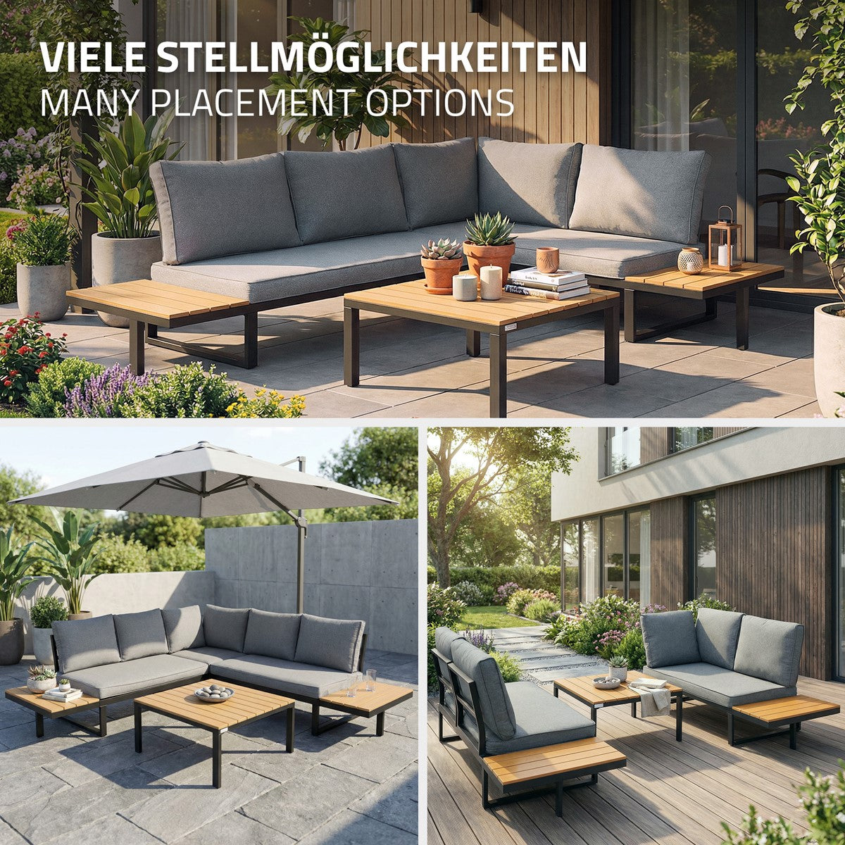 Un salon de jardin avec des coussins gris et des tables sur une terrasse.