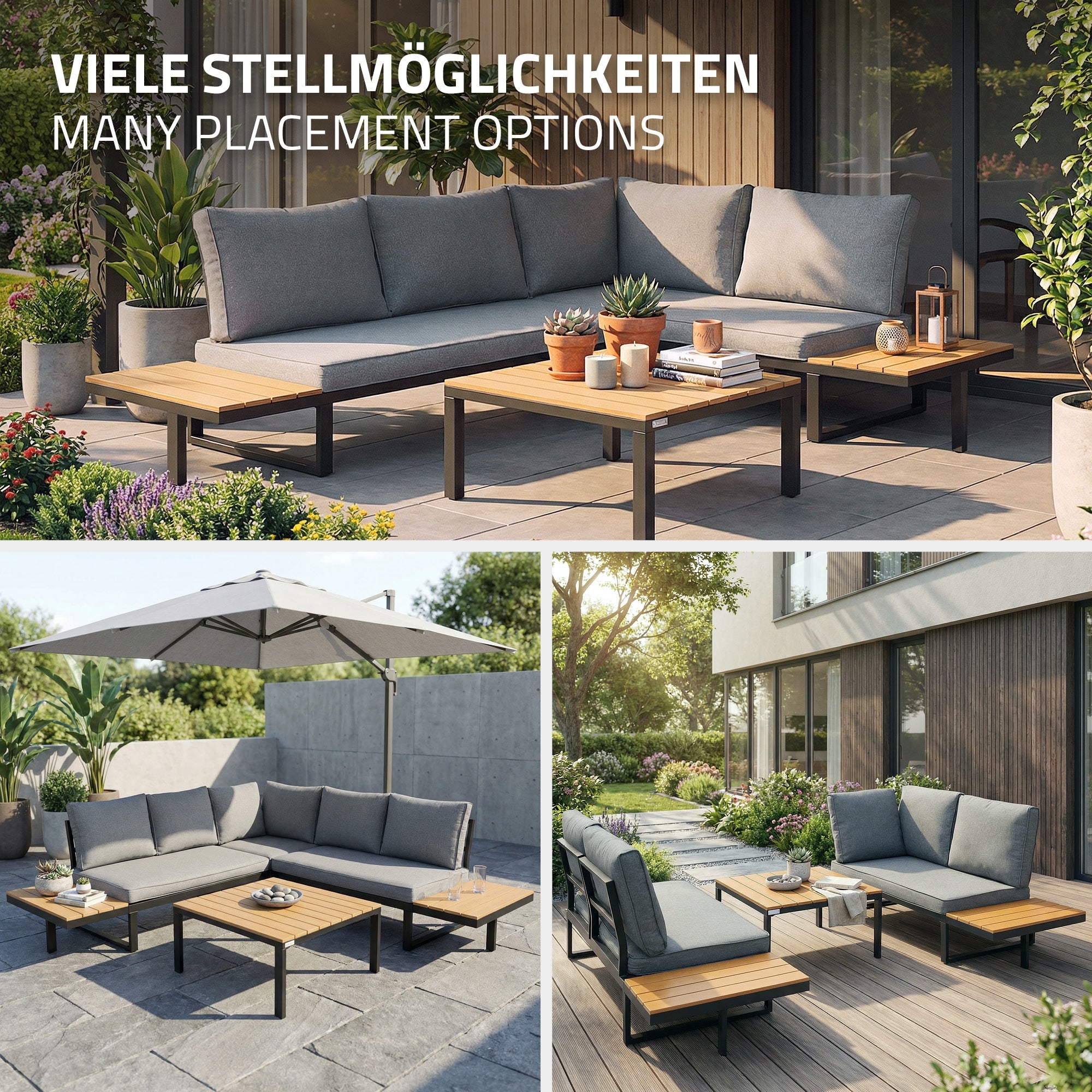 Un salon de jardin avec des coussins gris et des tables sur une terrasse.