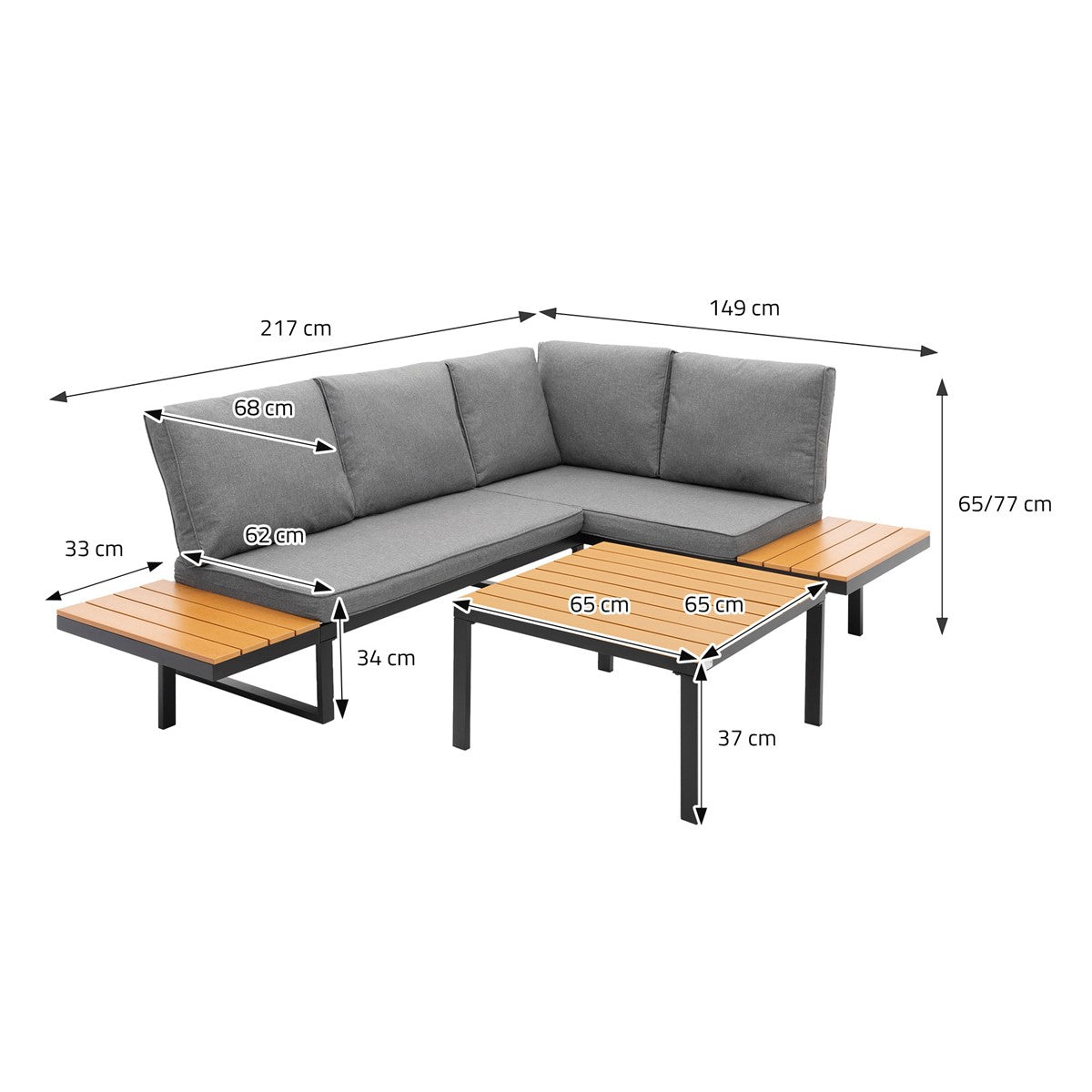 Un canapé gris en forme de L avec deux tables et des dimensions.