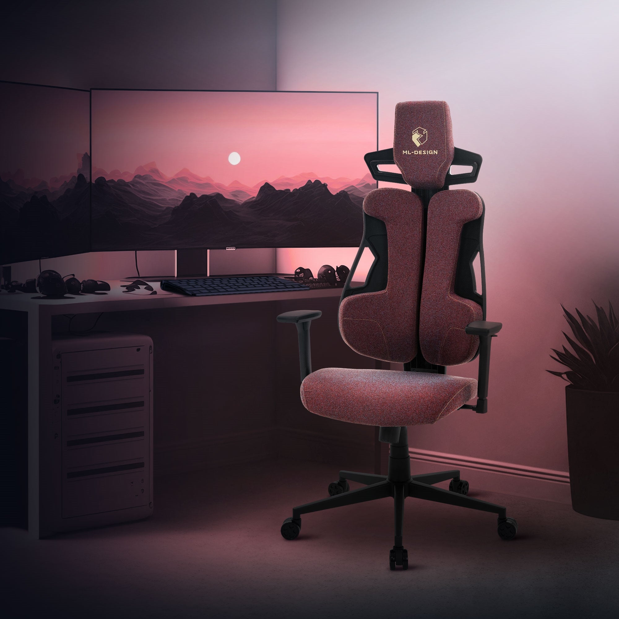 Ein ergonomischer Bürostuhl in einem modernen Raum mit zwei Monitoren und sanfter Beleuchtung.