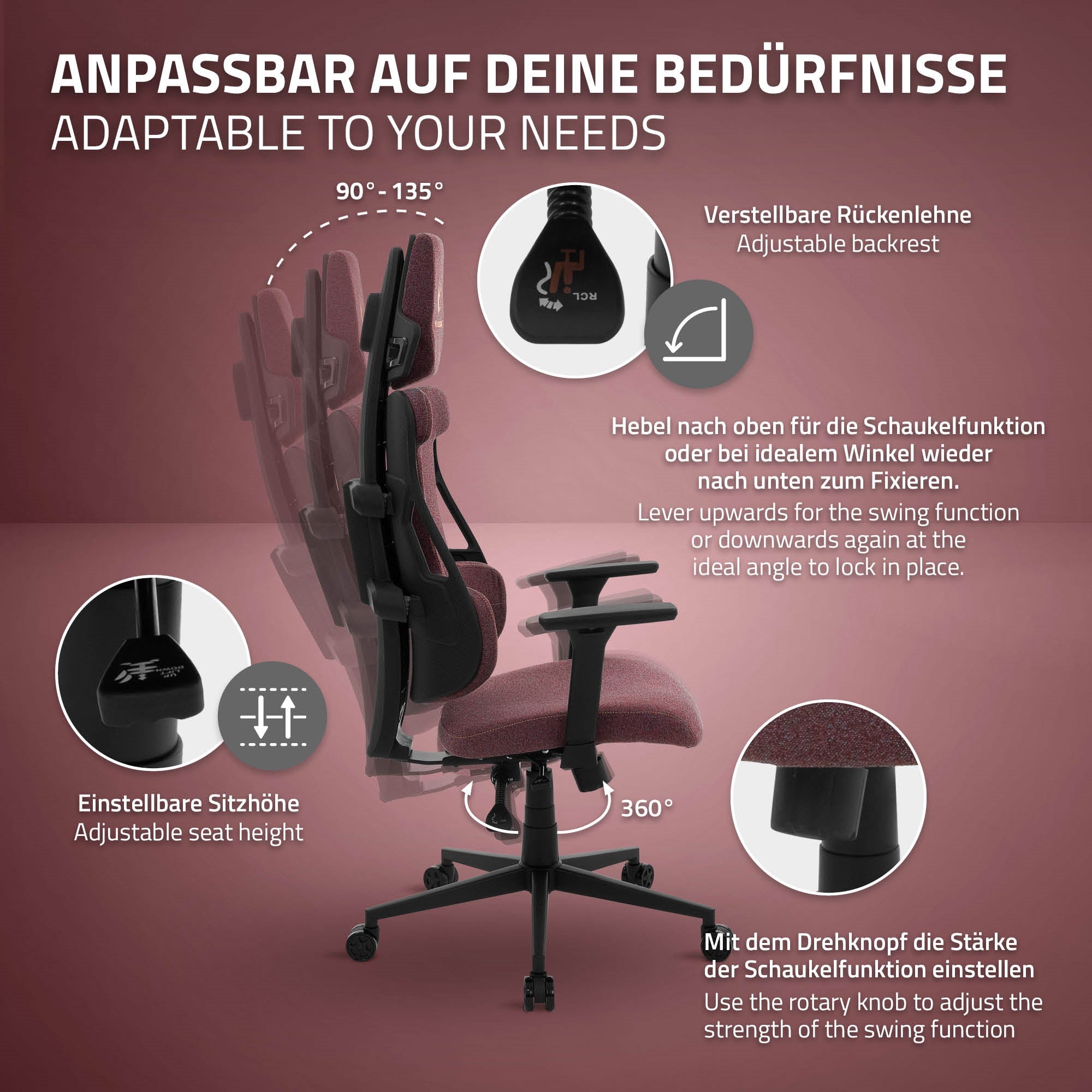 Grafik mit Funktionen eines verstellbaren Bürostuhls in Rot.