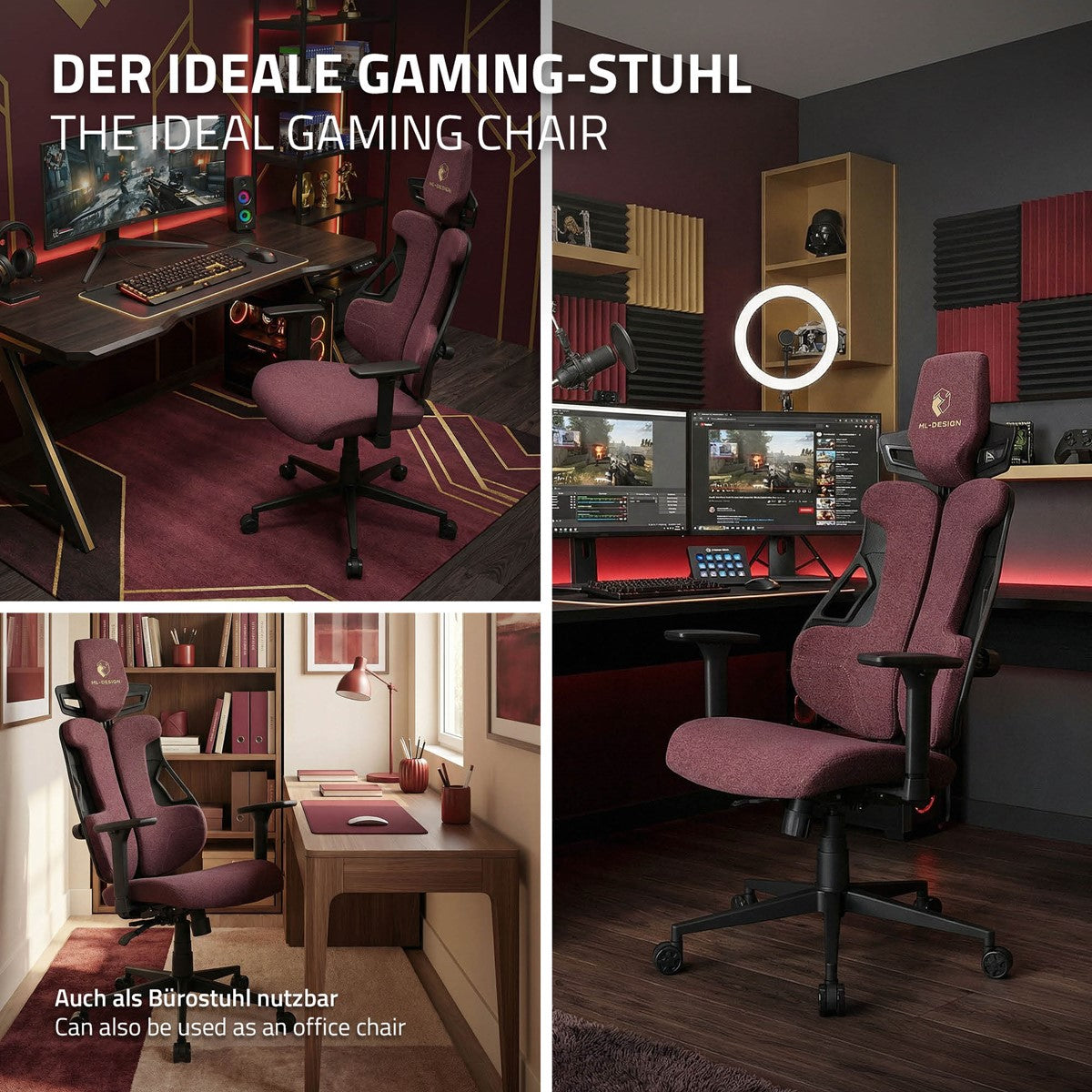 Una sedia da gaming rossa in un ufficio moderno con due monitor.