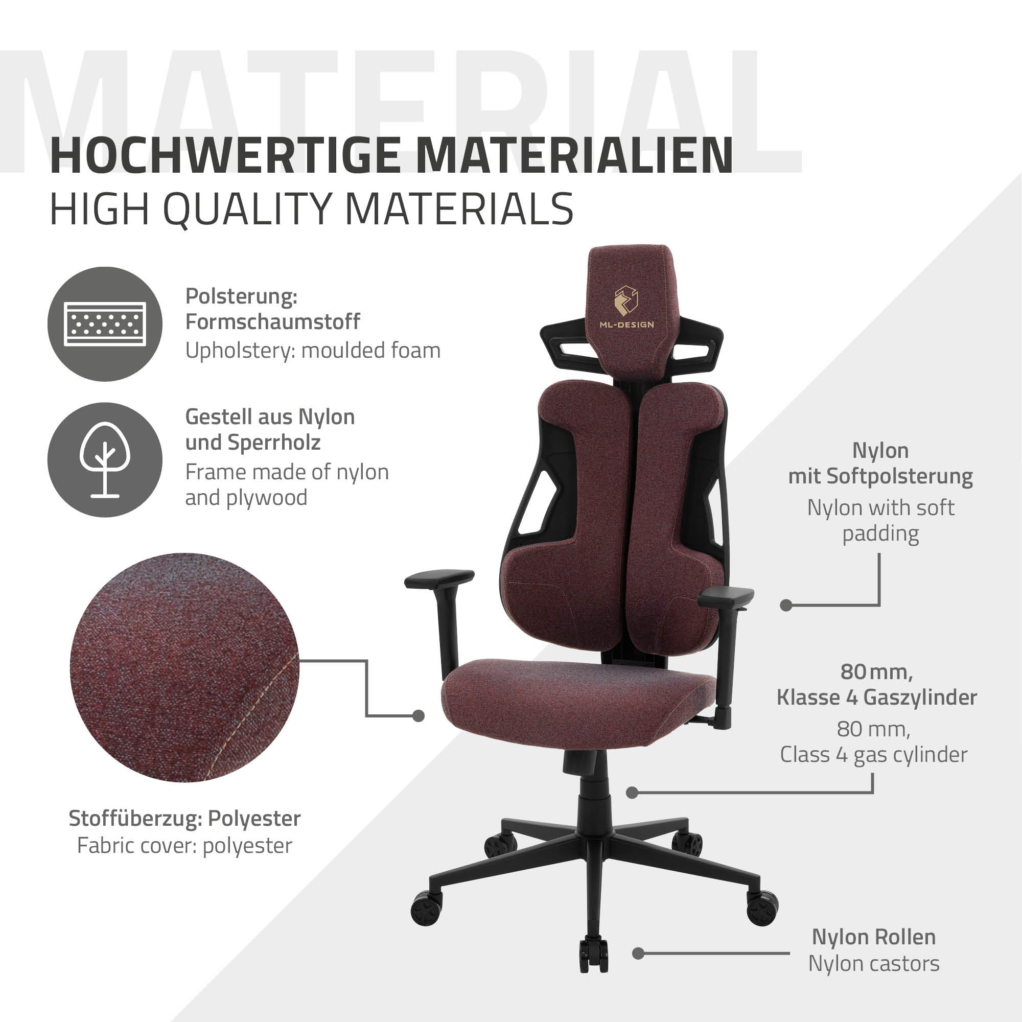 Gaming-Stuhl in Rot mit Informationen zu Materialien und Funktionen.