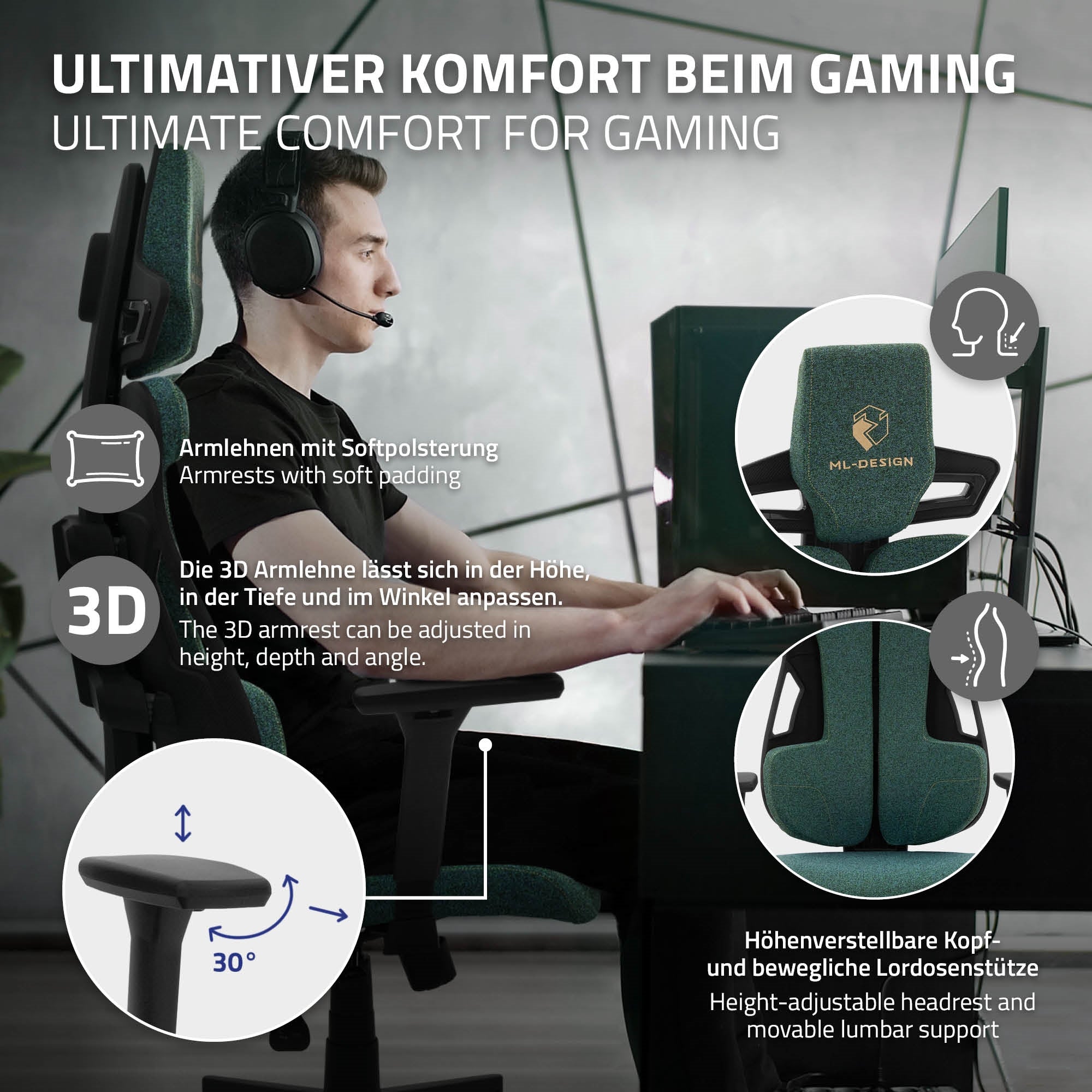 Ein Gaming-Stuhl mit verstellbaren Armlehnen und Kopfstütze, in einem modernen Raum.