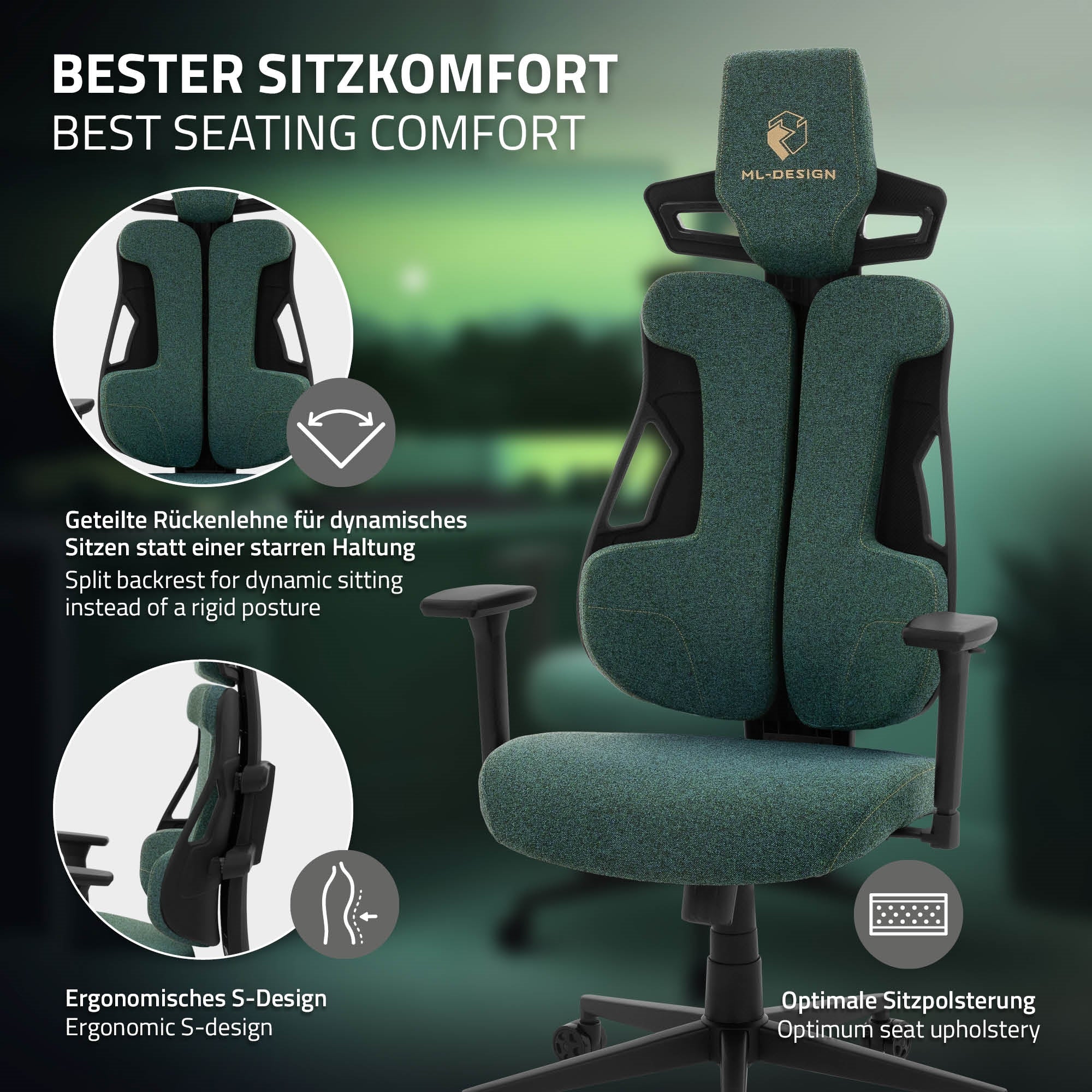 Ergonomischer Bürostuhl mit geteilter Rückenlehne und optimaler Polsterung.