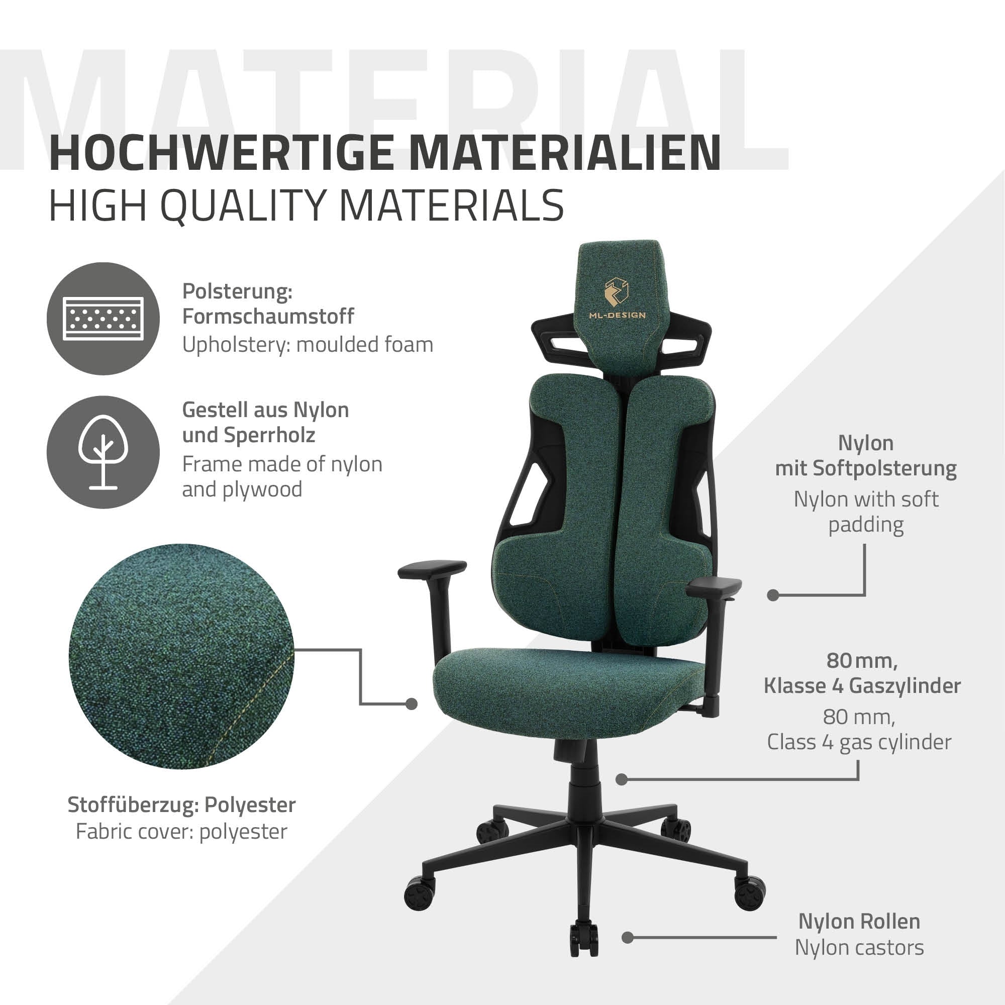 Ein Bürostuhl aus grünem Stoff mit verschiedenen Materialdetails und Funktionen.