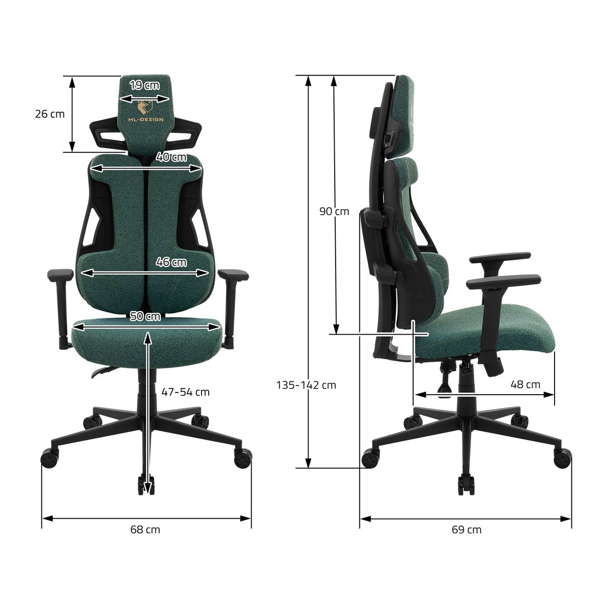 Technische Zeichnung eines Gaming-Stuhls mit Maßen und Details.