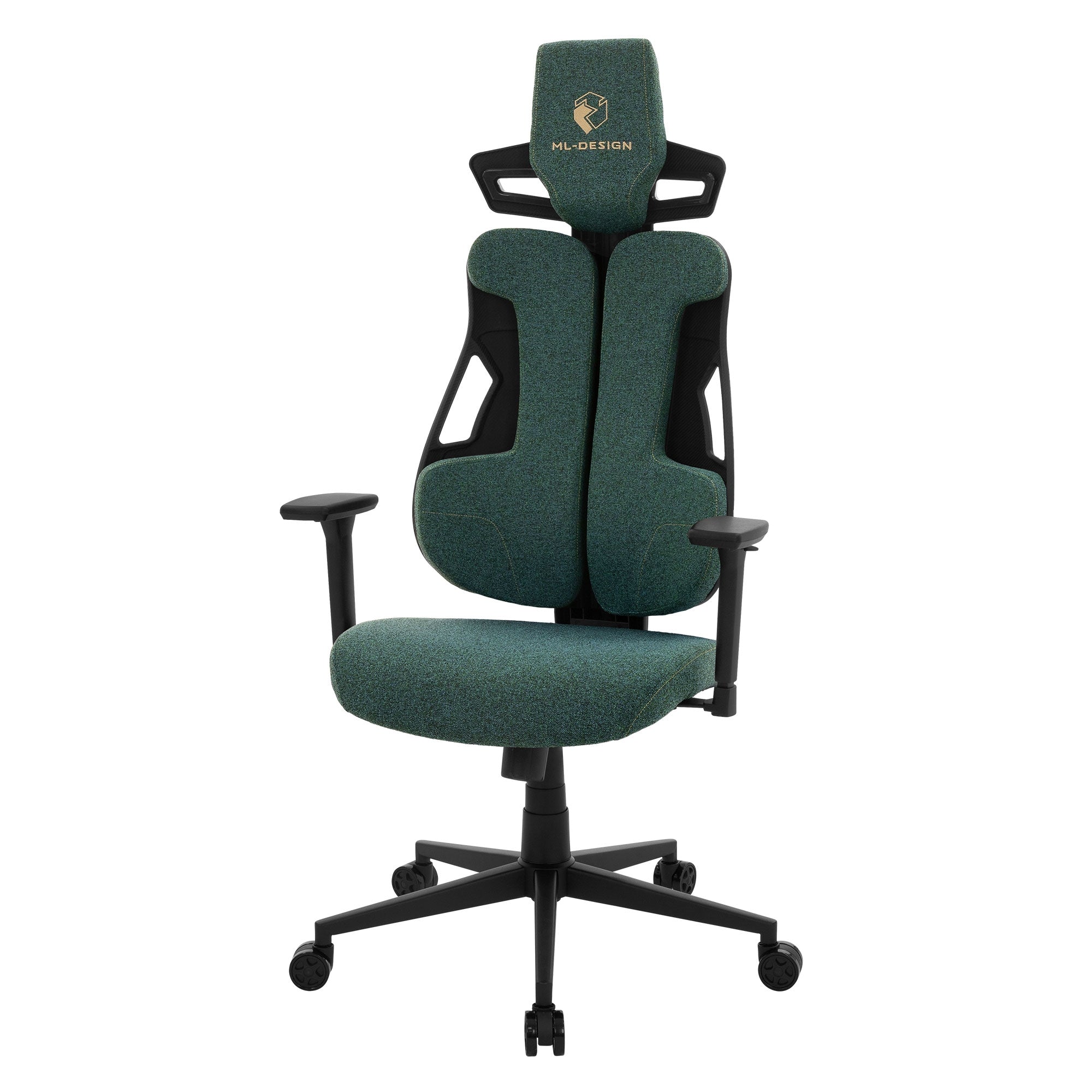 Ergonomischer Bürostuhl mit grüner Polsterung und schwarzem Gestell.