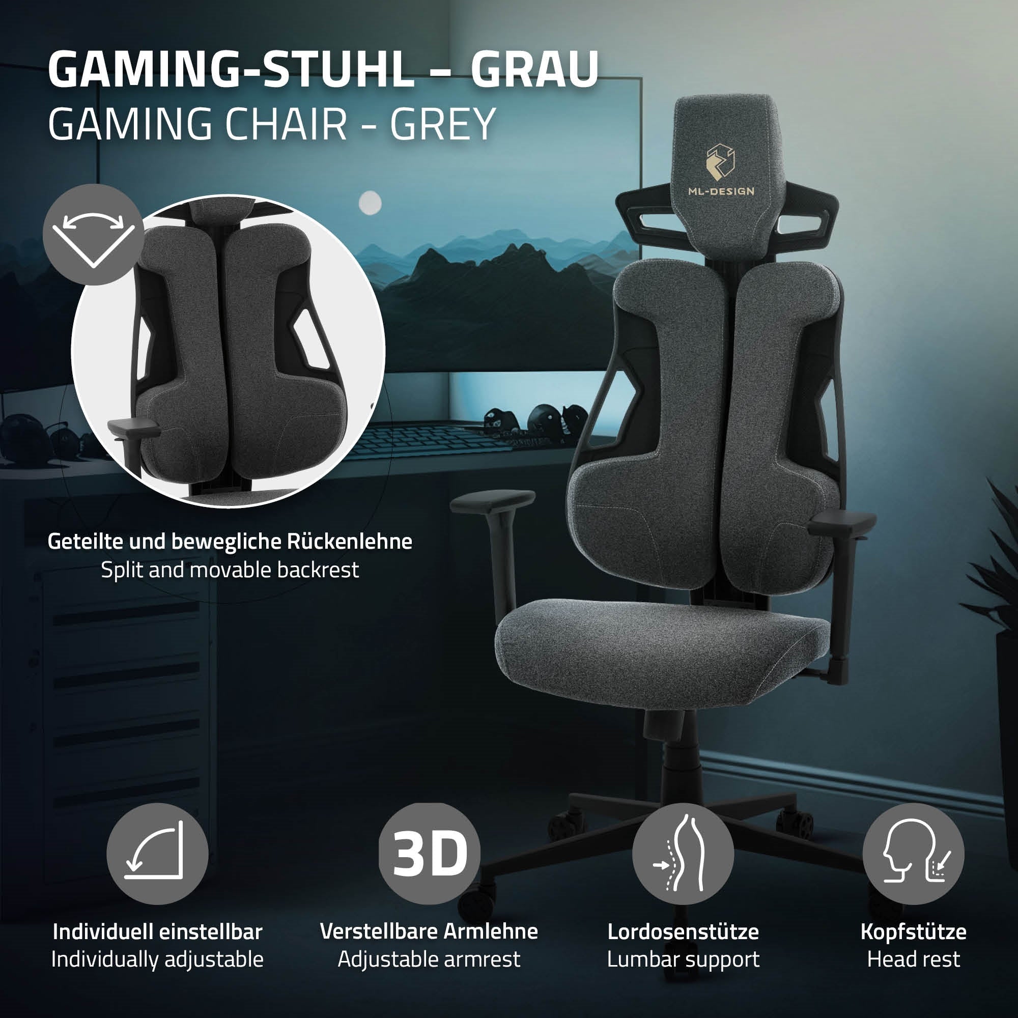 Grauer Gaming-Stuhl mit verstellbaren Armlehnen und Rückenlehne.