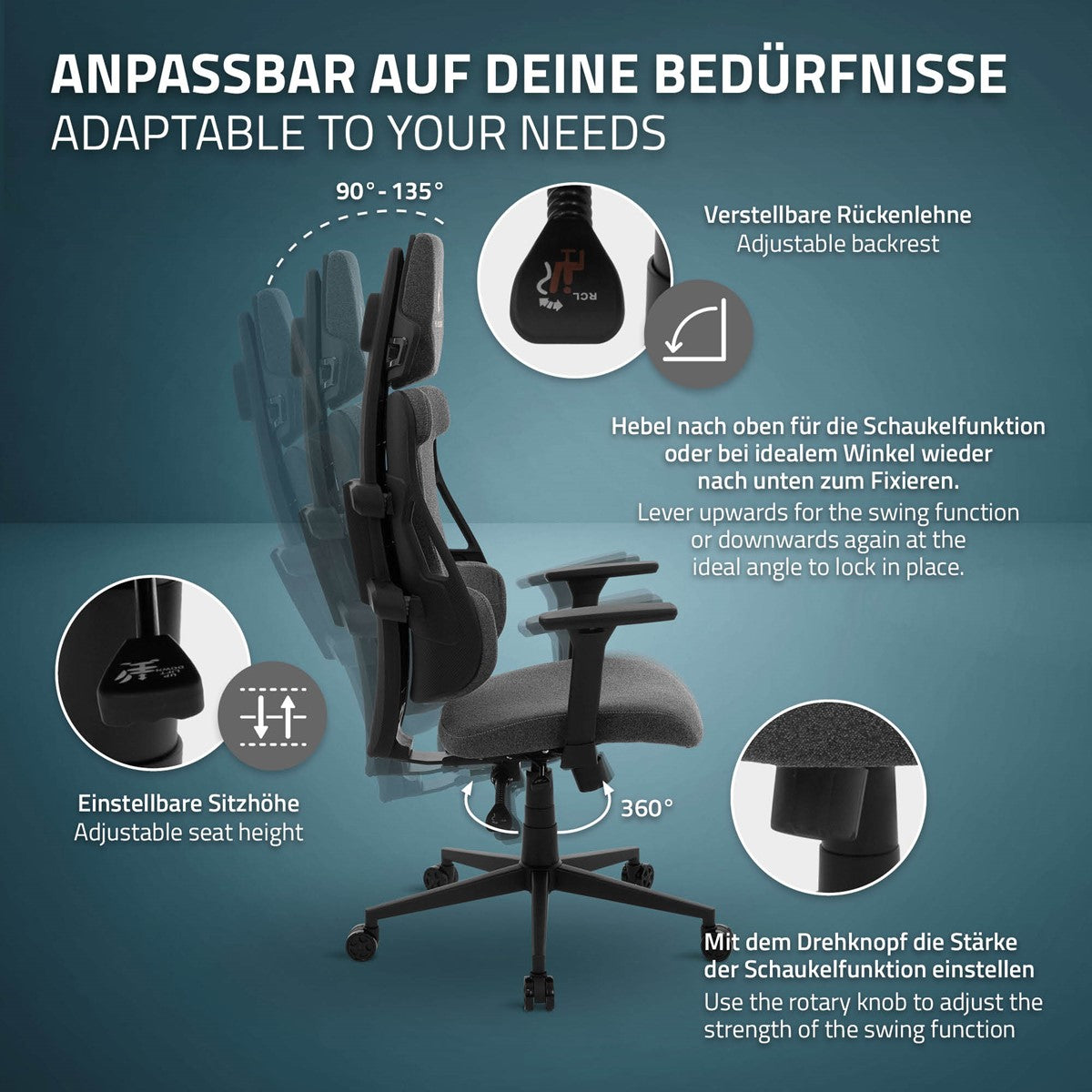 Stuhl mit verstellbarer Rückenlehne und Sitzhöhe, drehbar.