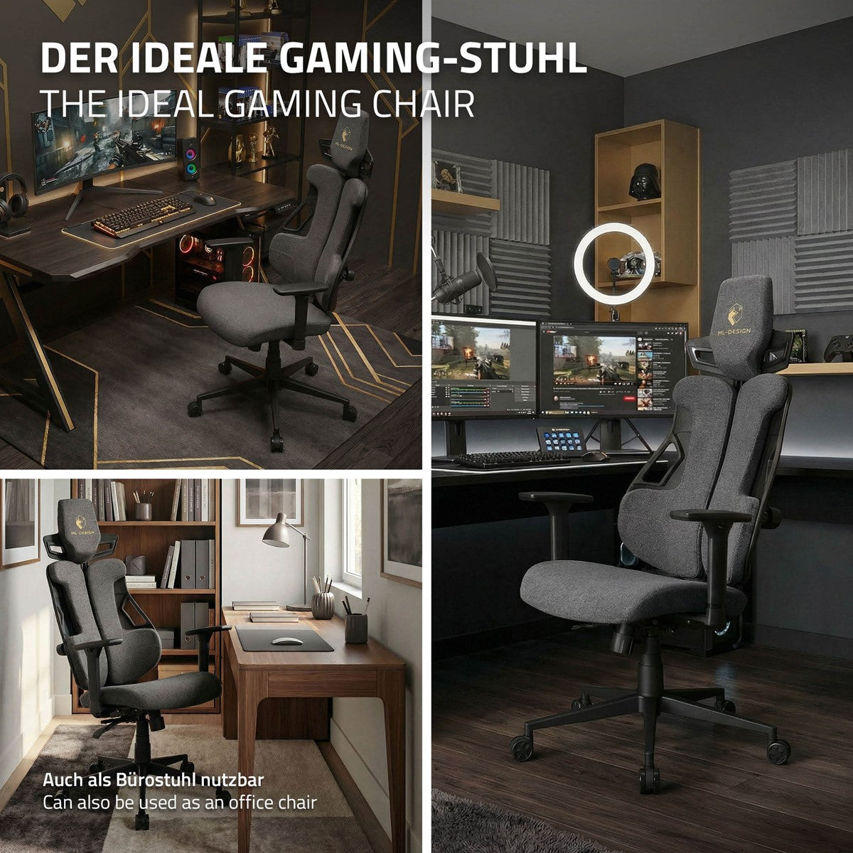 Collage von Bildern eines Gaming-Stuhls in verschiedenen Räumen.