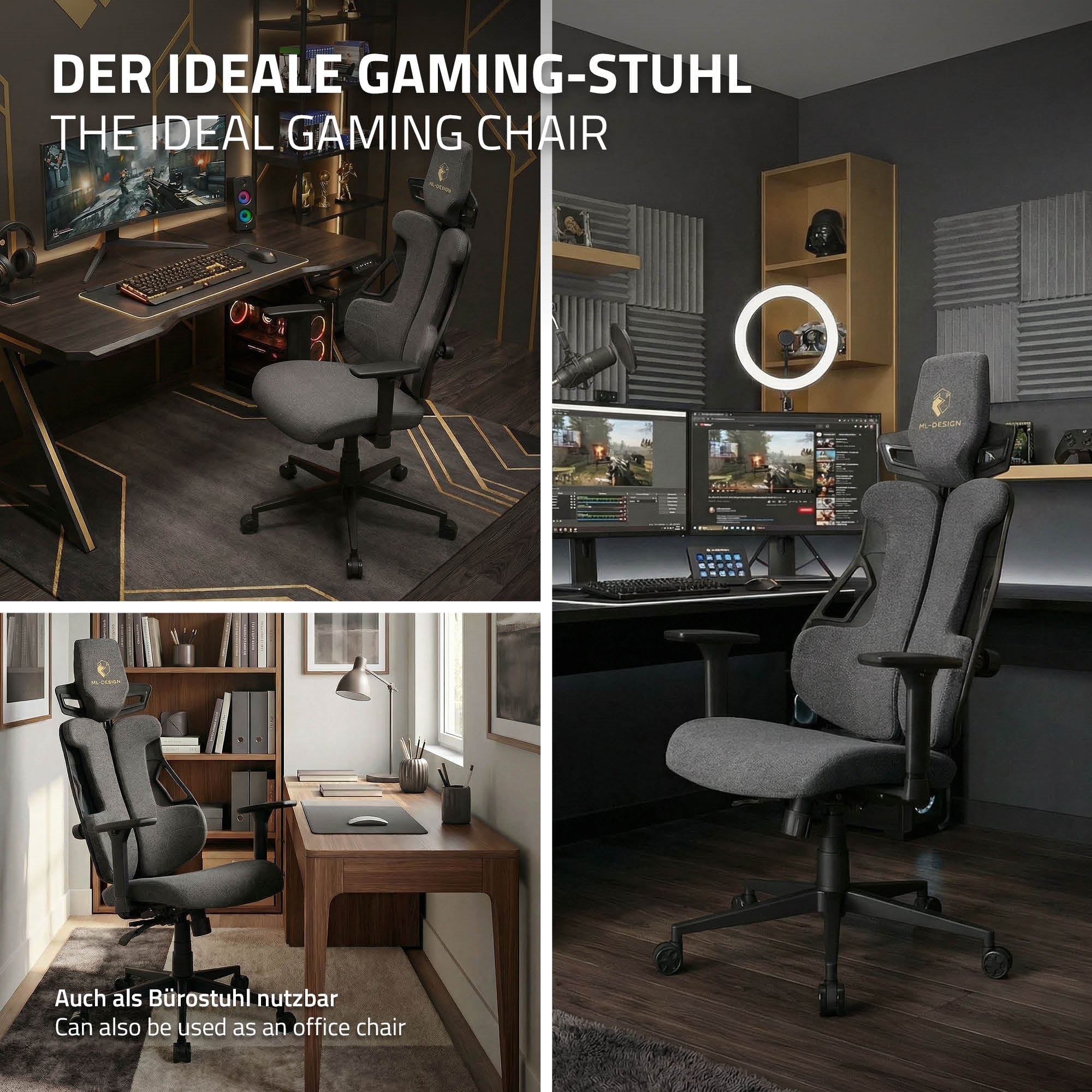 Collage af billeder af en gaming stol i forskellige rum.