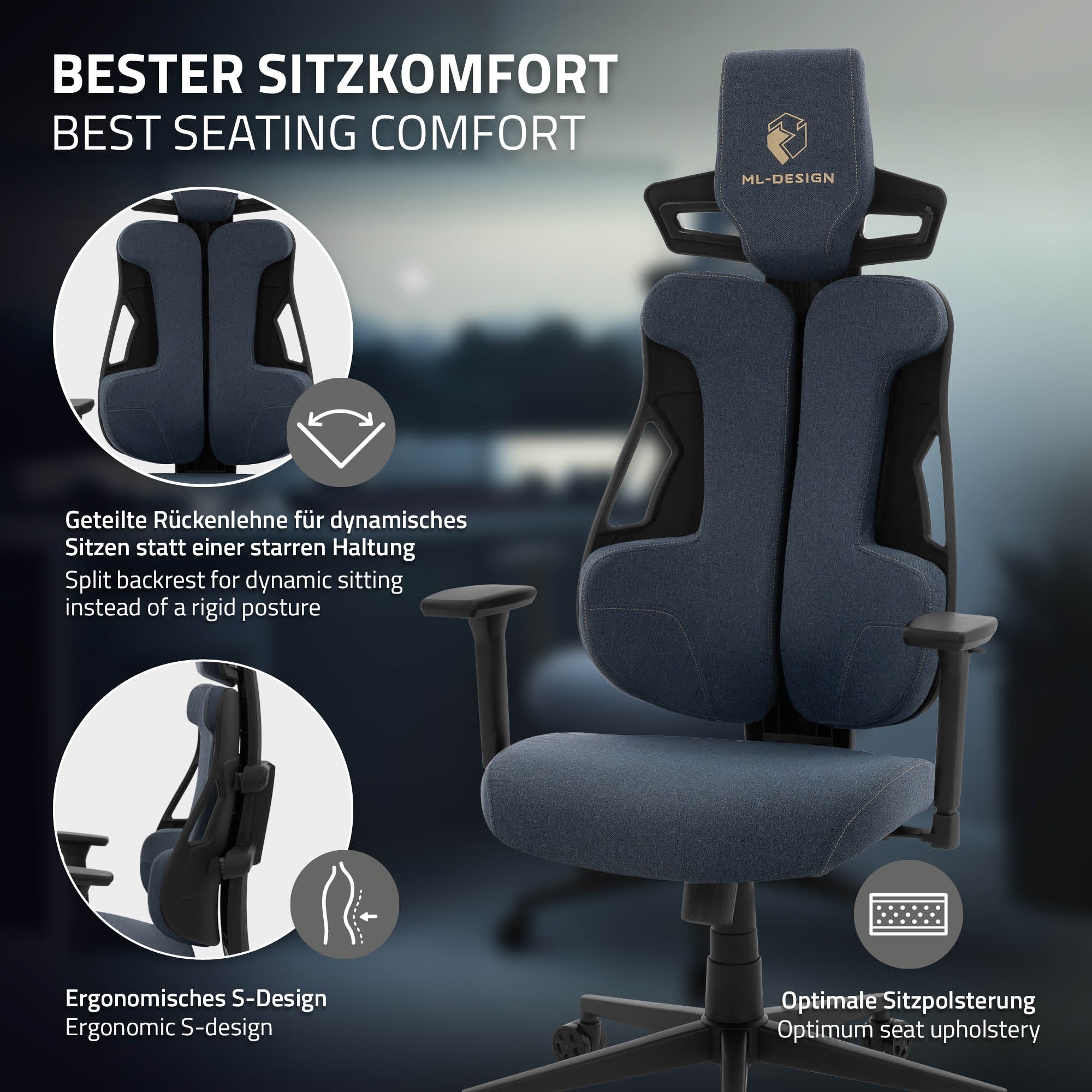 Una sedia da ufficio ergonomica con schienale diviso e struttura nera.