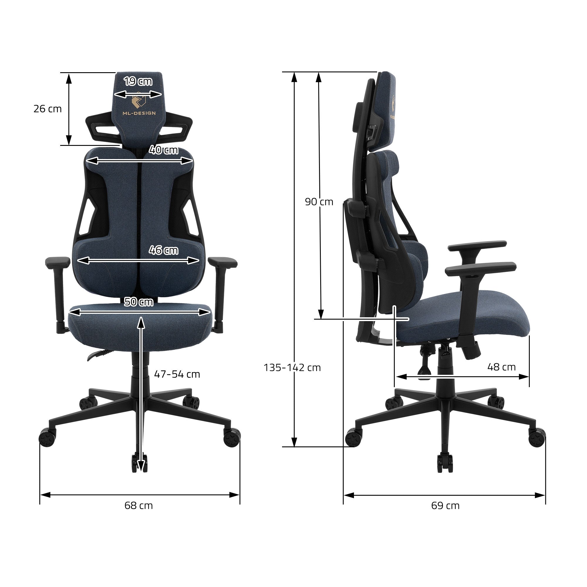 Disegno tecnico di una sedia da ufficio con misure.