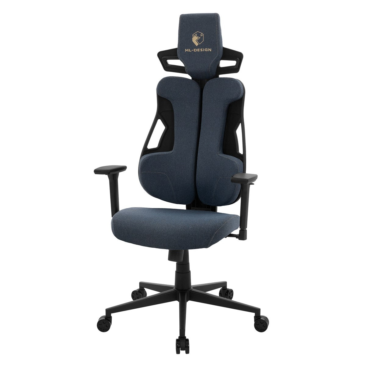Silla de oficina azul oscuro con respaldo alto y reposabrazos.