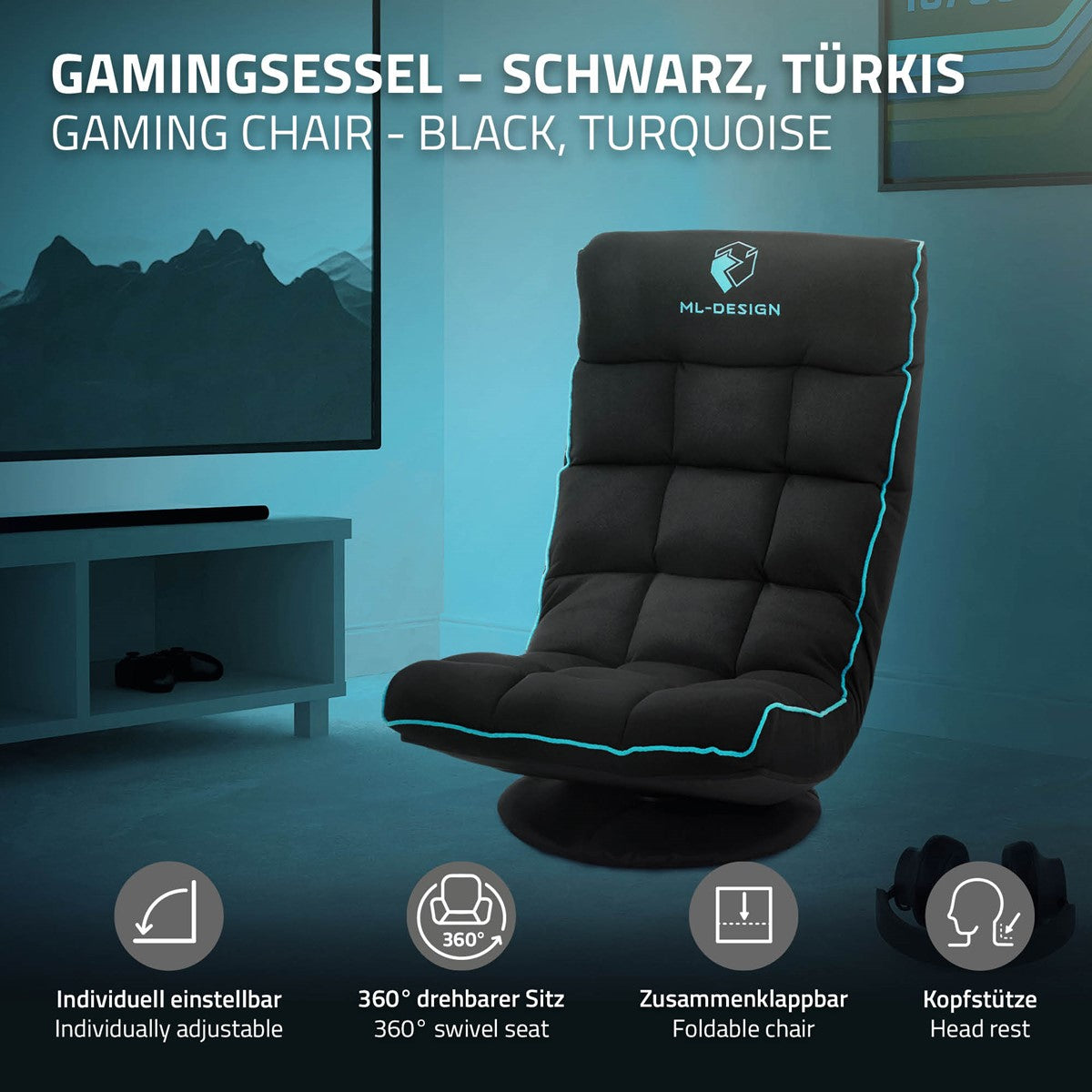 Schwarzer und türkisfarbener Gamingstuhl mit verstellbarem Kopfstütze.