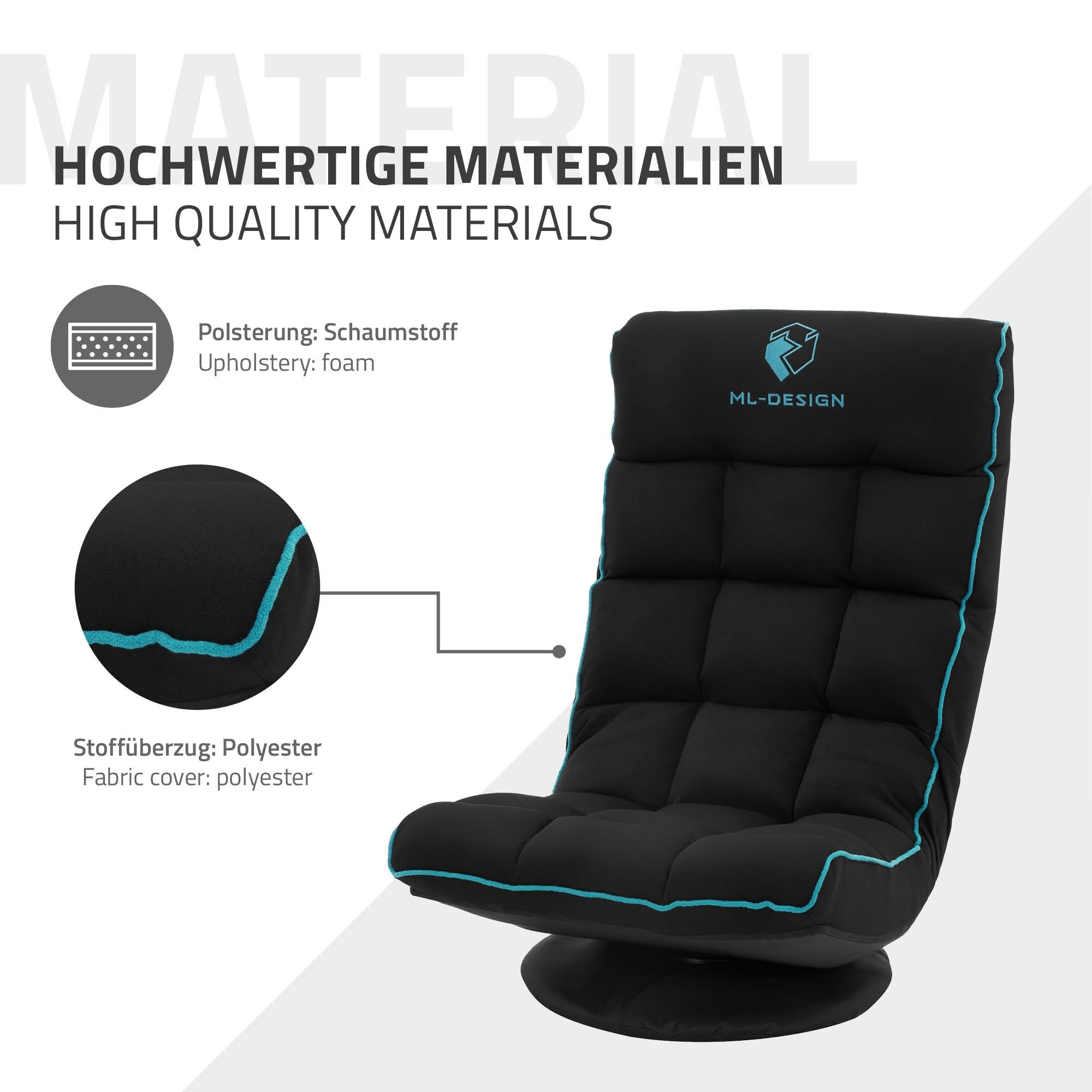 Poltrona con rivestimento nero e accenti blu, descrizione dei materiali.