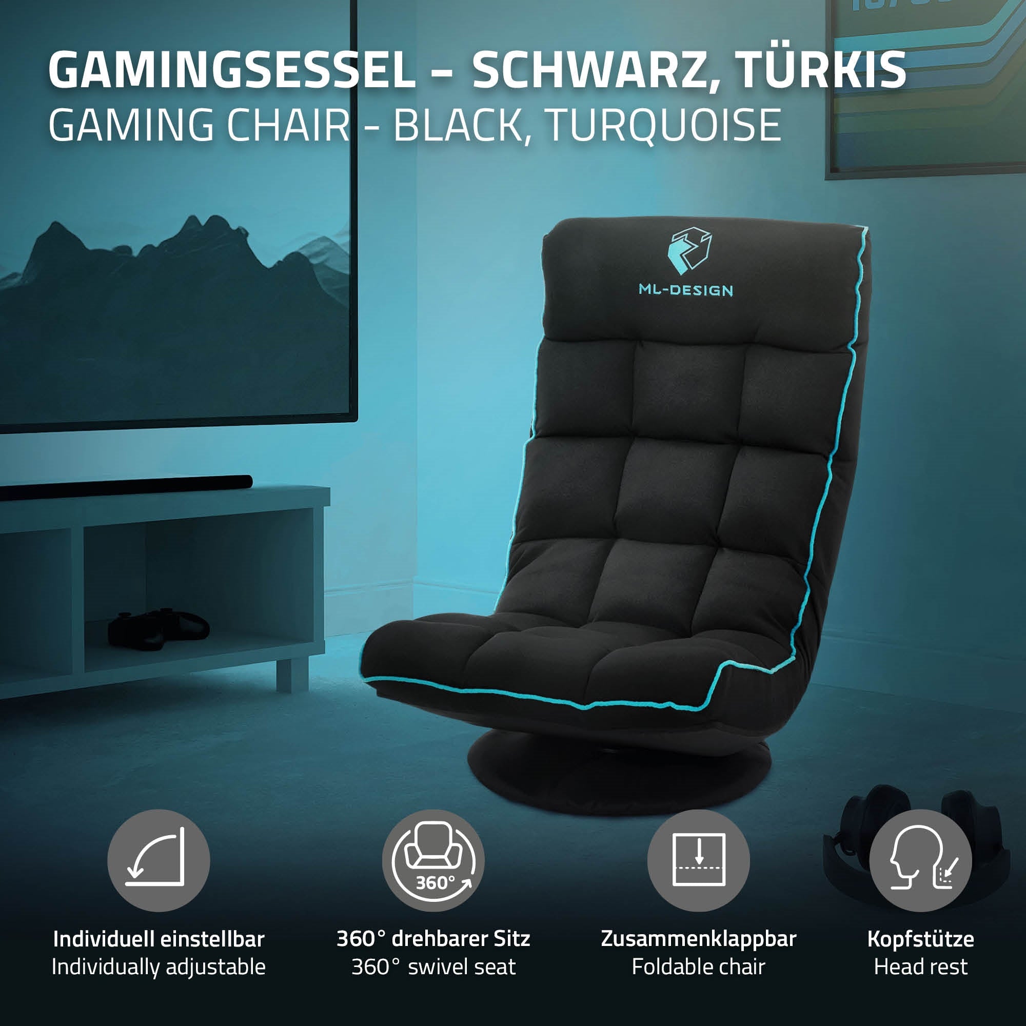 Sedia da gaming nera e turchese con poggiatesta regolabile.