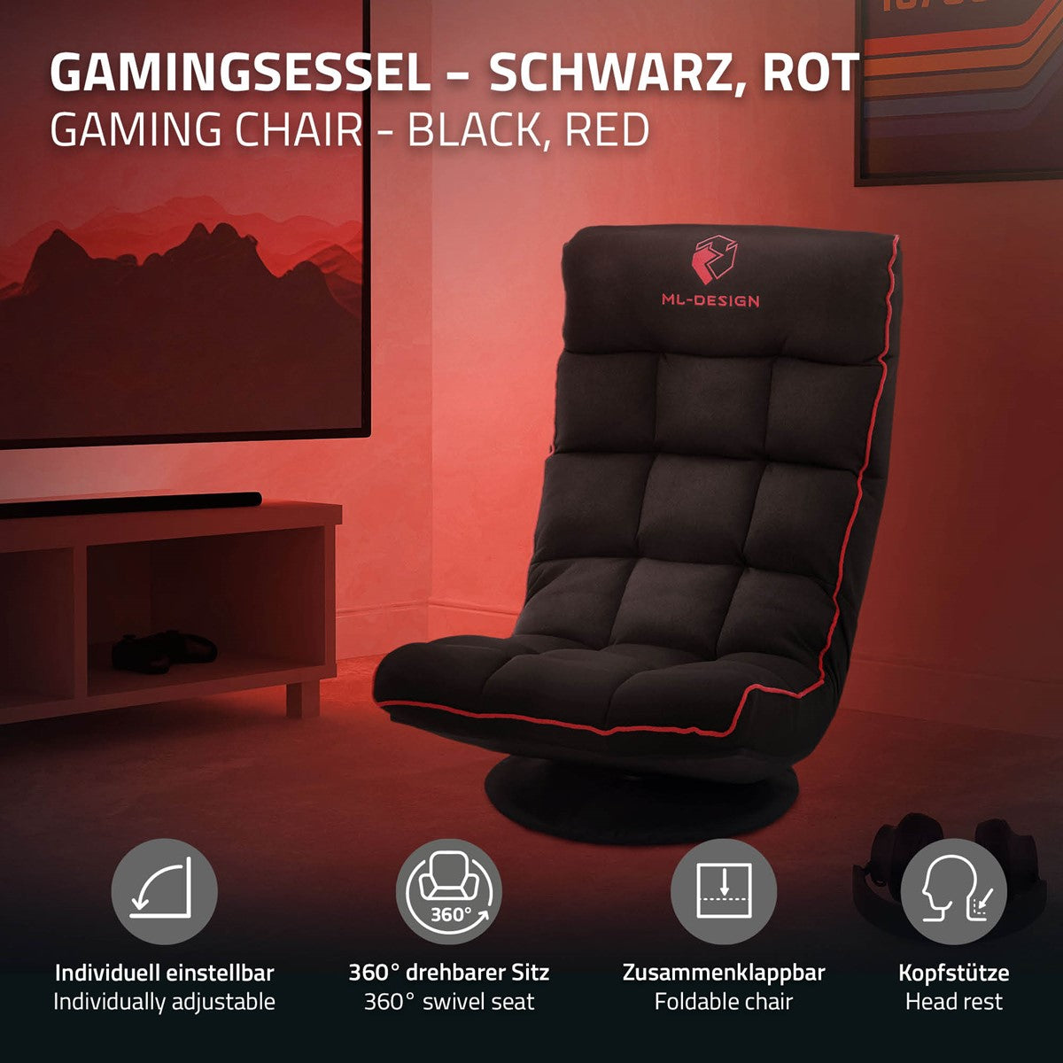 Schwarzer und roter Gamingstuhl, individuell einstellbar und klappbar.
