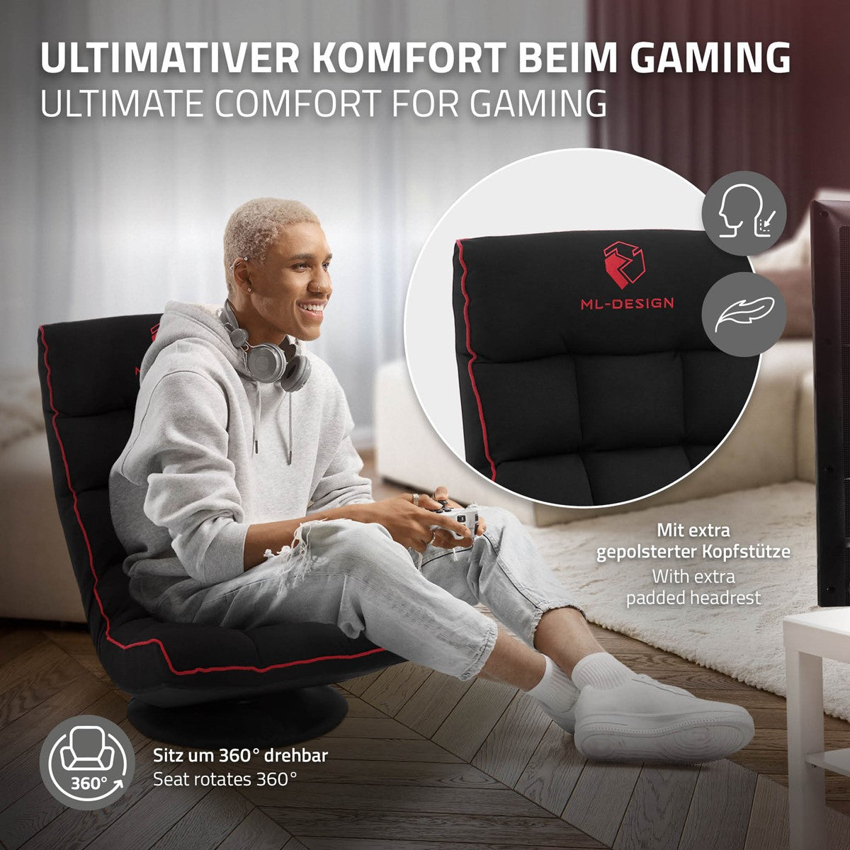 Junger Mann sitzt in einem Gaming-Stuhl und trägt Kopfhörer.