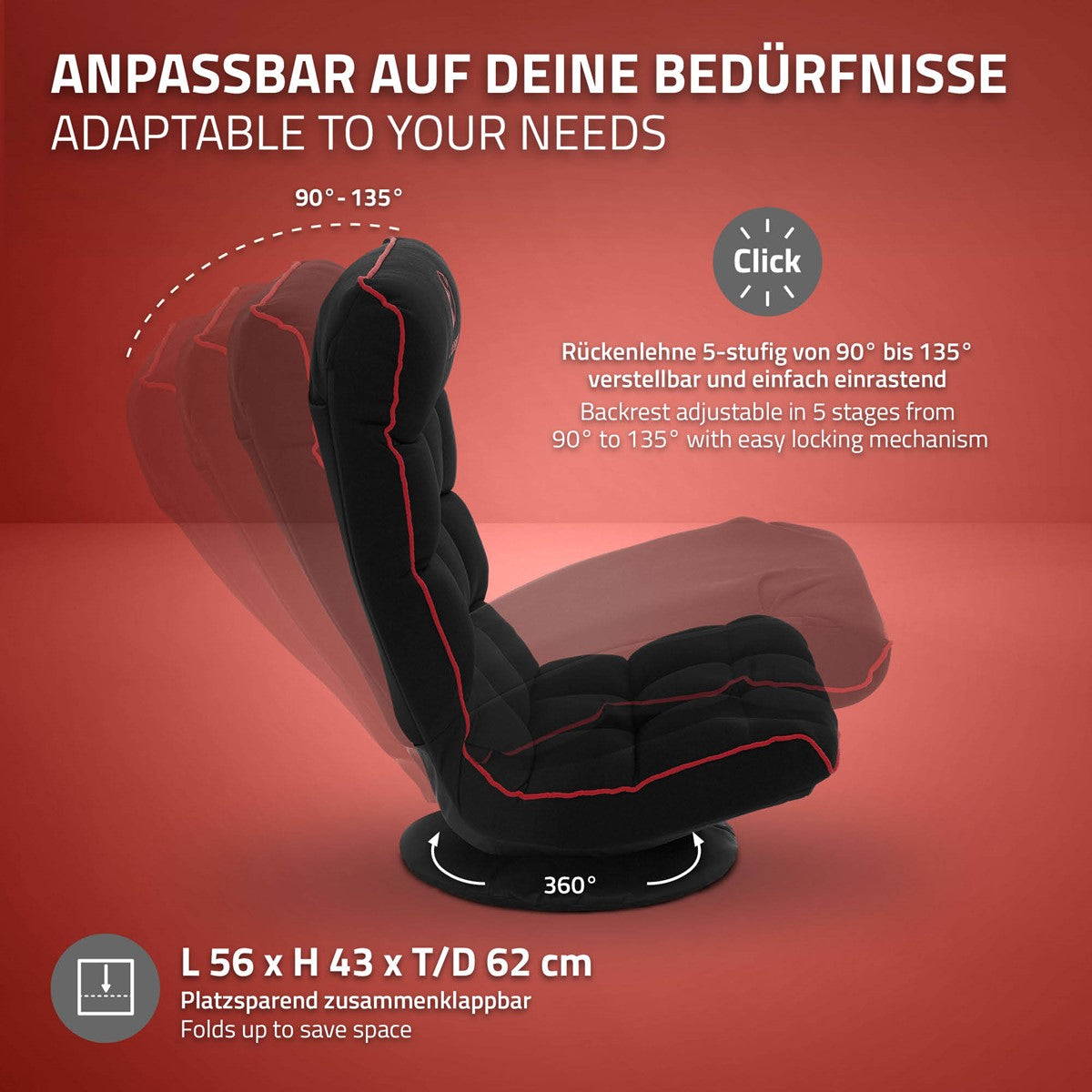 Ein verstellbarer Gaming-Stuhl mit verschiedenen Neigungswinkeln.