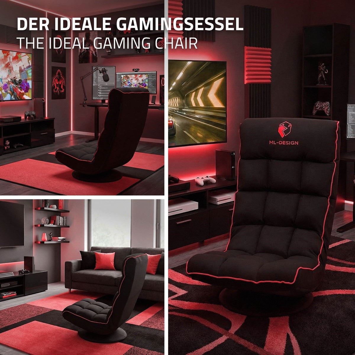Schwarzer Gamingstuhl mit roten Akzenten, gepolstert und drehbar.