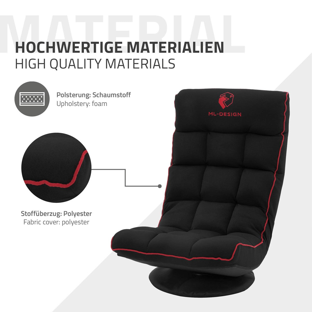 Schwarzer Sessel mit rotem Rand, aus Schaumstoff und Polyester.