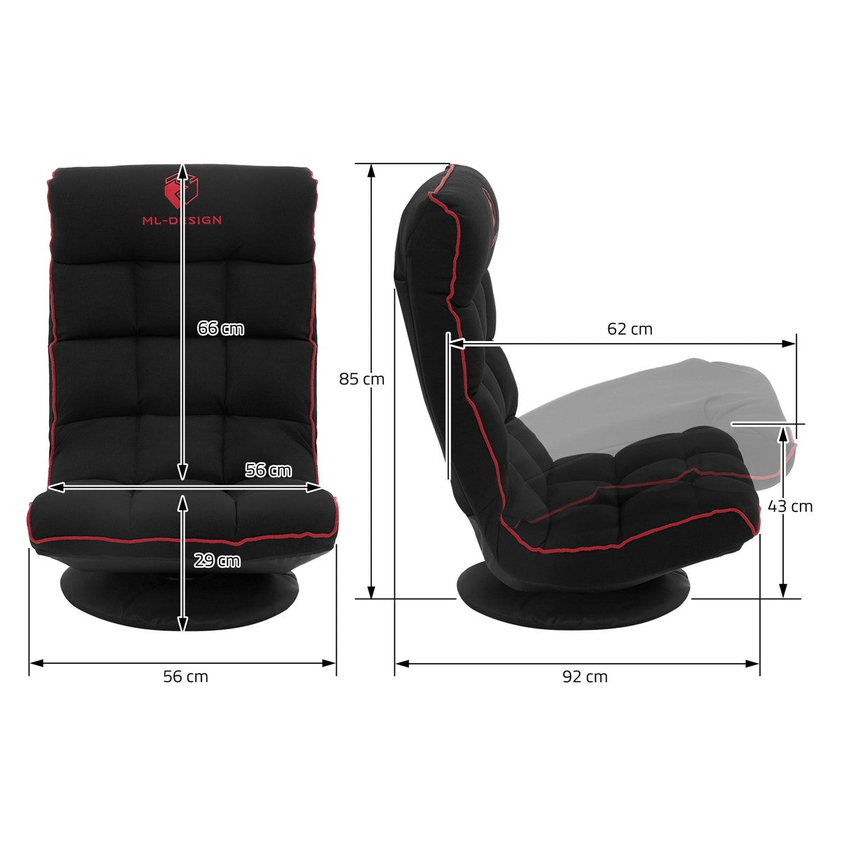 Maßzeichnung eines schwarzen Gamingstuhls mit Abmessungen in cm.