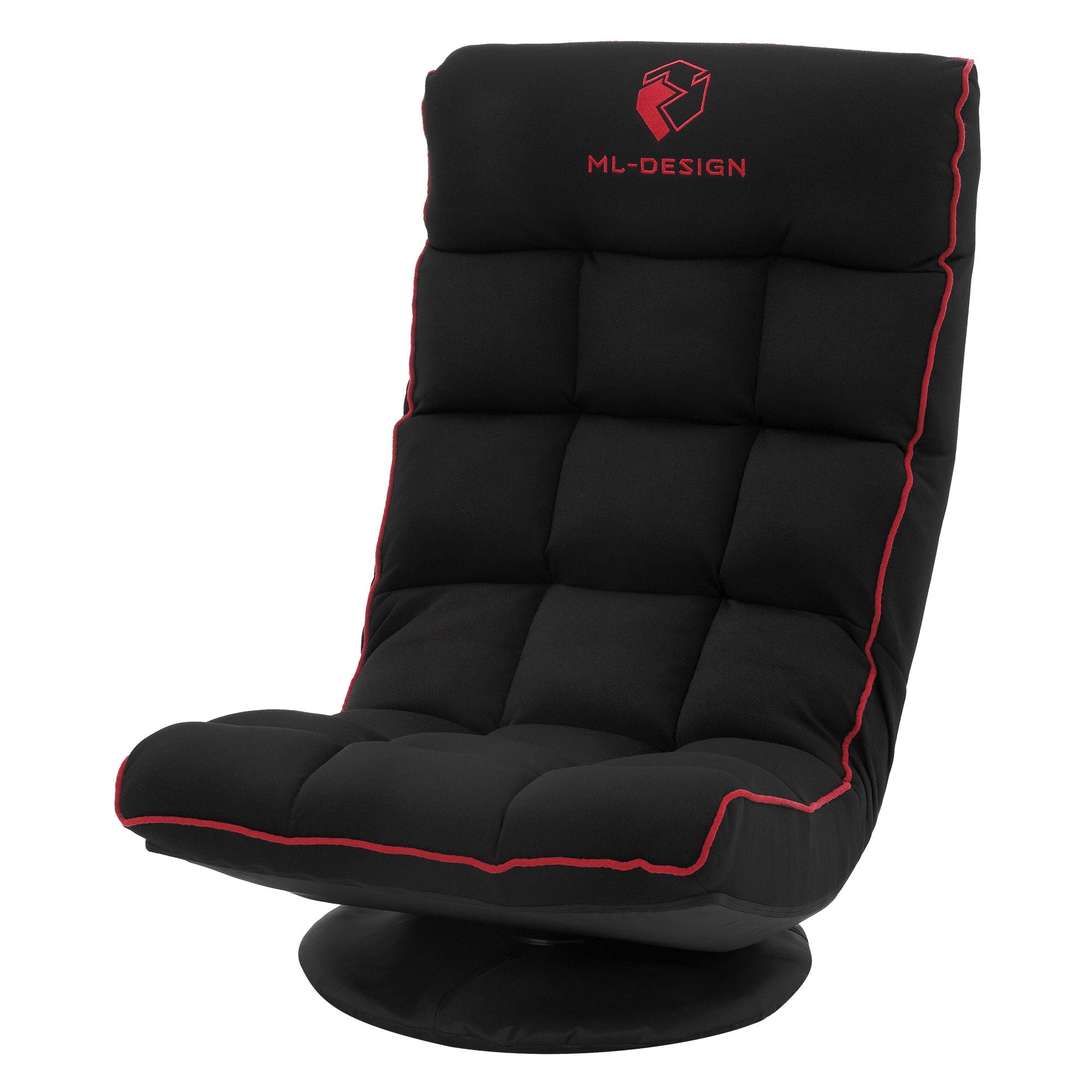 Sedia da gaming nera con logo rosso e seduta imbottita.