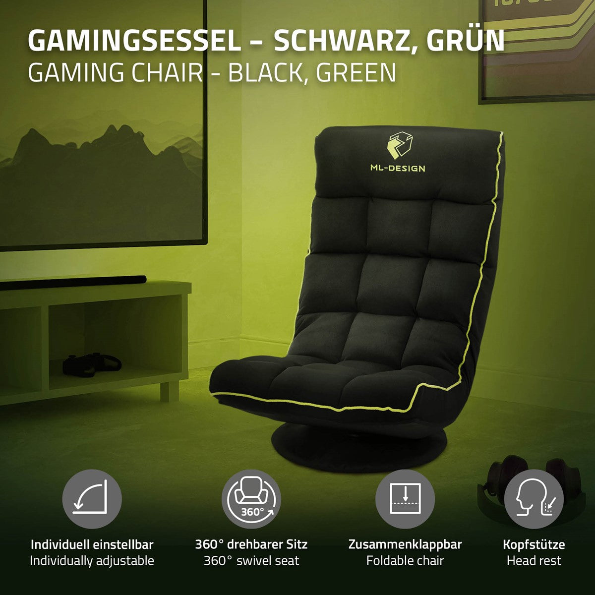 Ein schwarzer und grüner Gamingstuhl mit drehbarem Sitz und Kopfstütze.