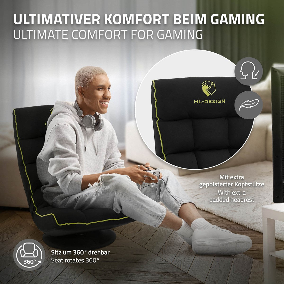 Ein junger Mann sitzt in einem Gaming-Stuhl und hält einen Controller.
