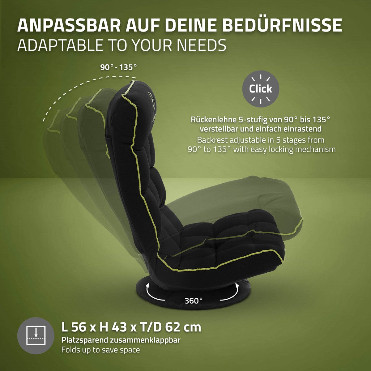 Grafik eines verstellbaren Rückensessels mit verschiedenen Positionen.