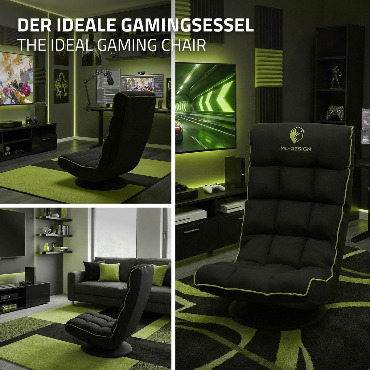 Gamingstuhl in einem Raum mit grüner und schwarzer Farbgestaltung.