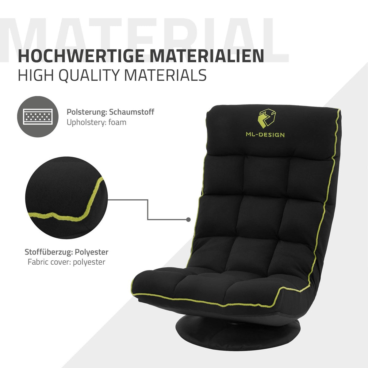 Schwarzer Gamingstuhl mit grünen Akzenten, aus Schaumstoff und Polyester.
