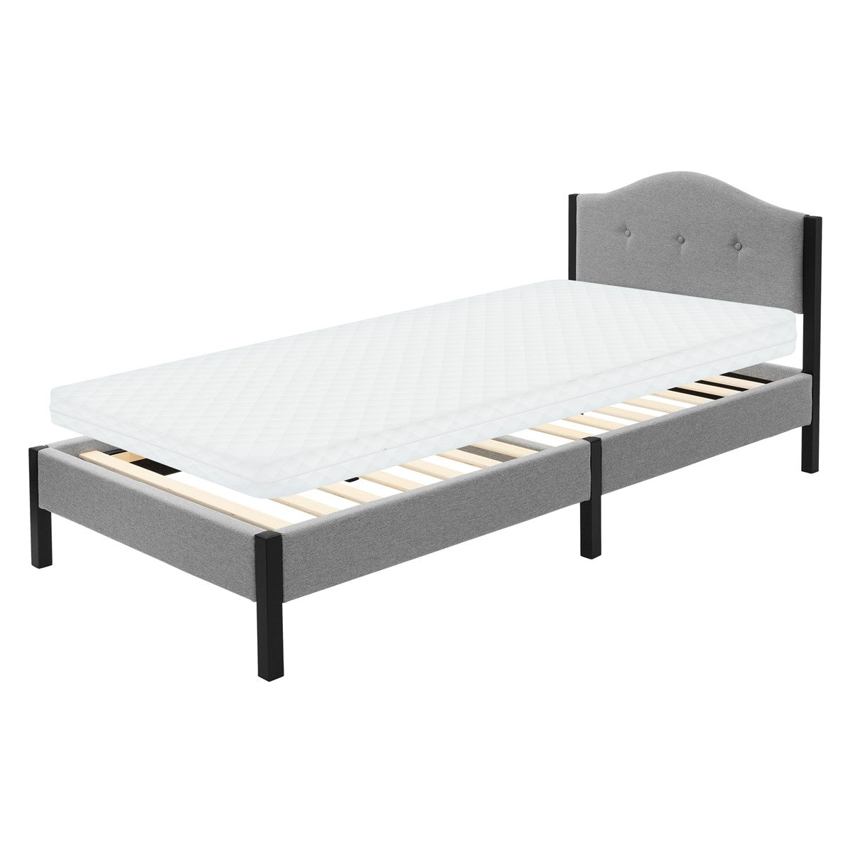 Ein graues Einzelbett mit Matratze und Lattenrost.