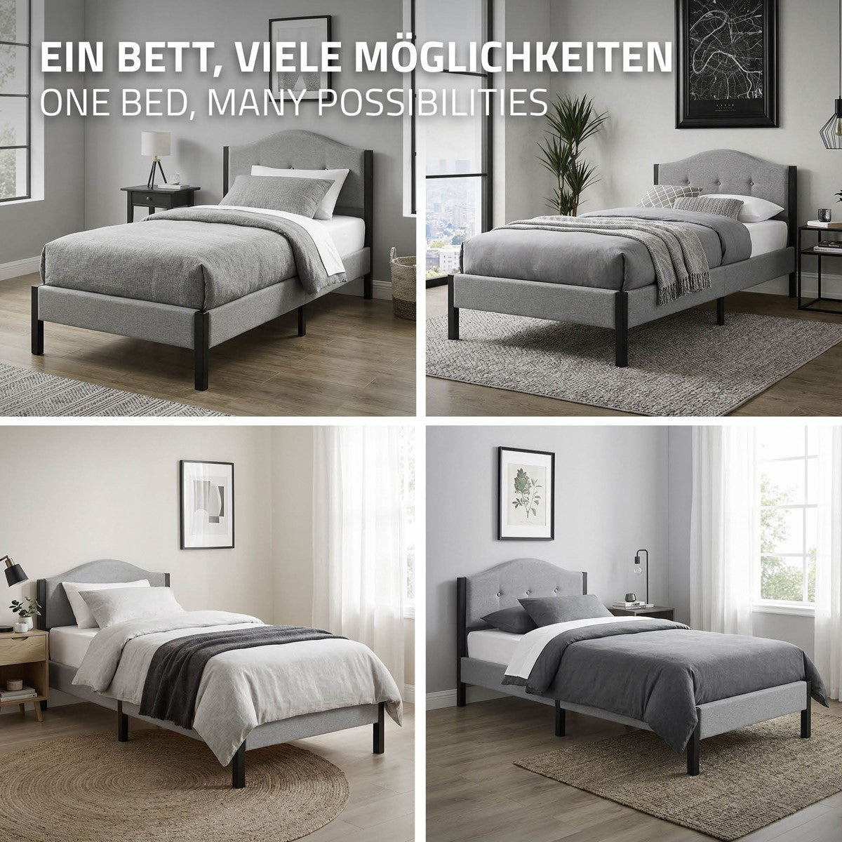 Verschiedene Ansichten eines grauen Bettes in modernem Raum.