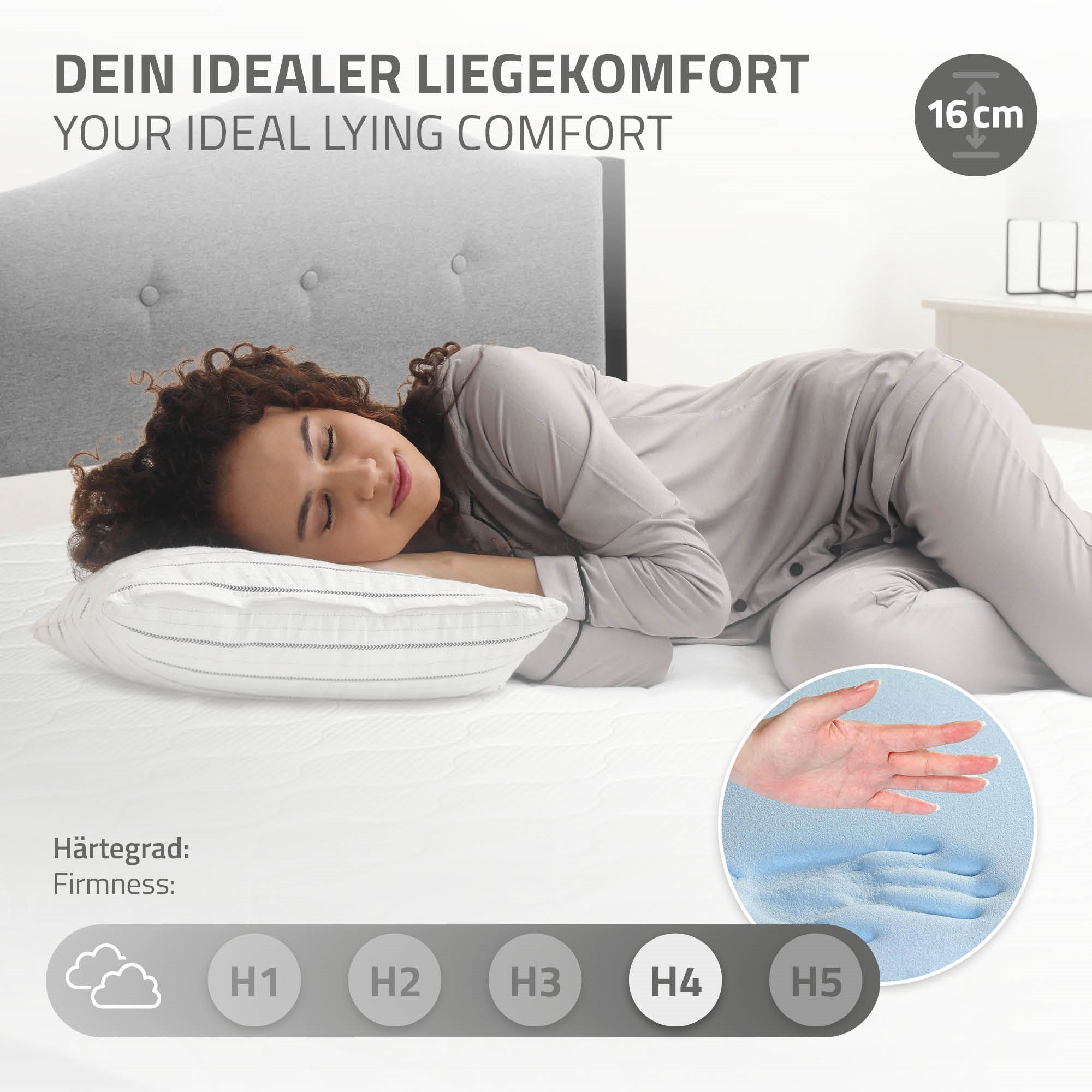 Sleeping person on a mattress with a note on lying comfort.