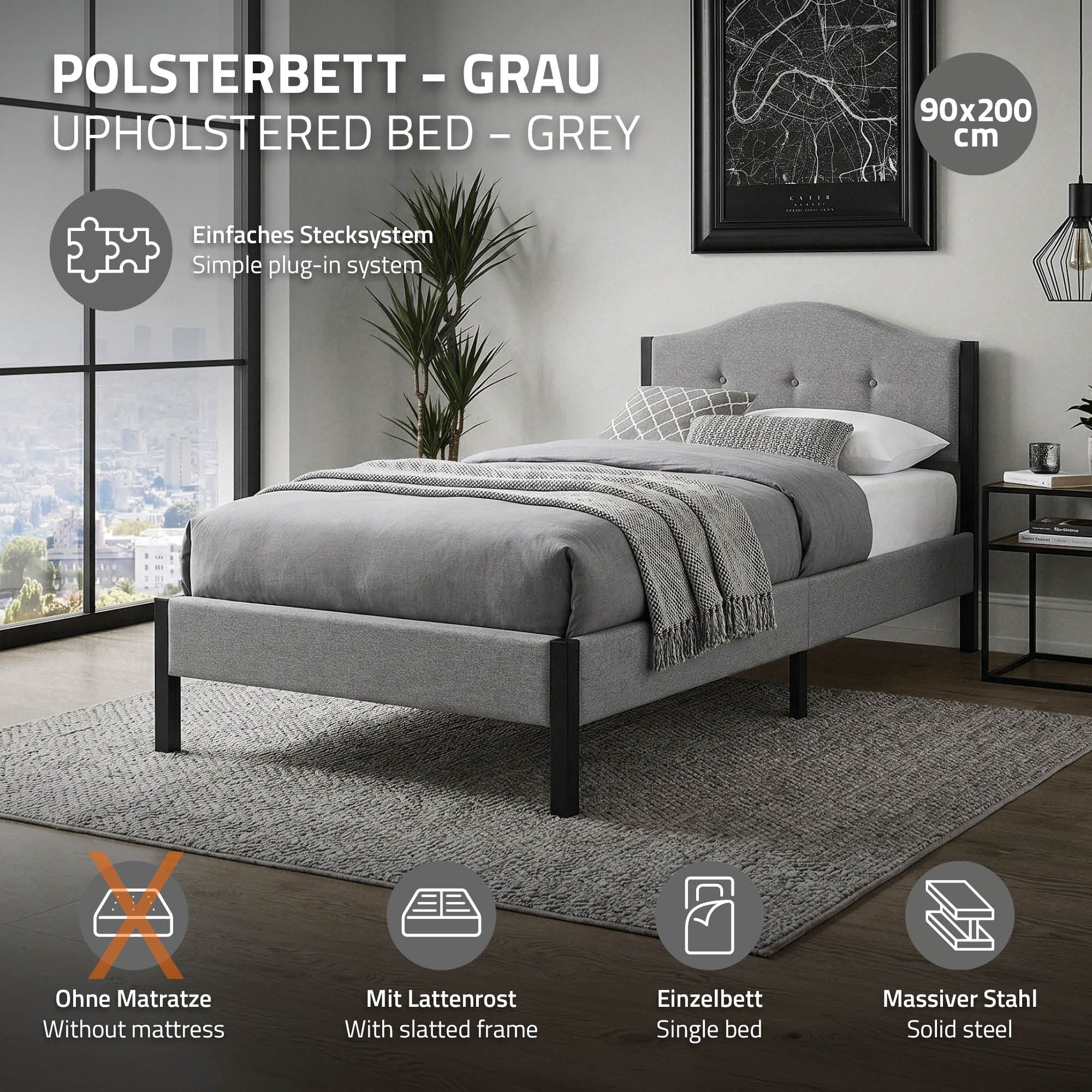 Graues Polsterbett mit einfachem Stecksystem und slatted frame.