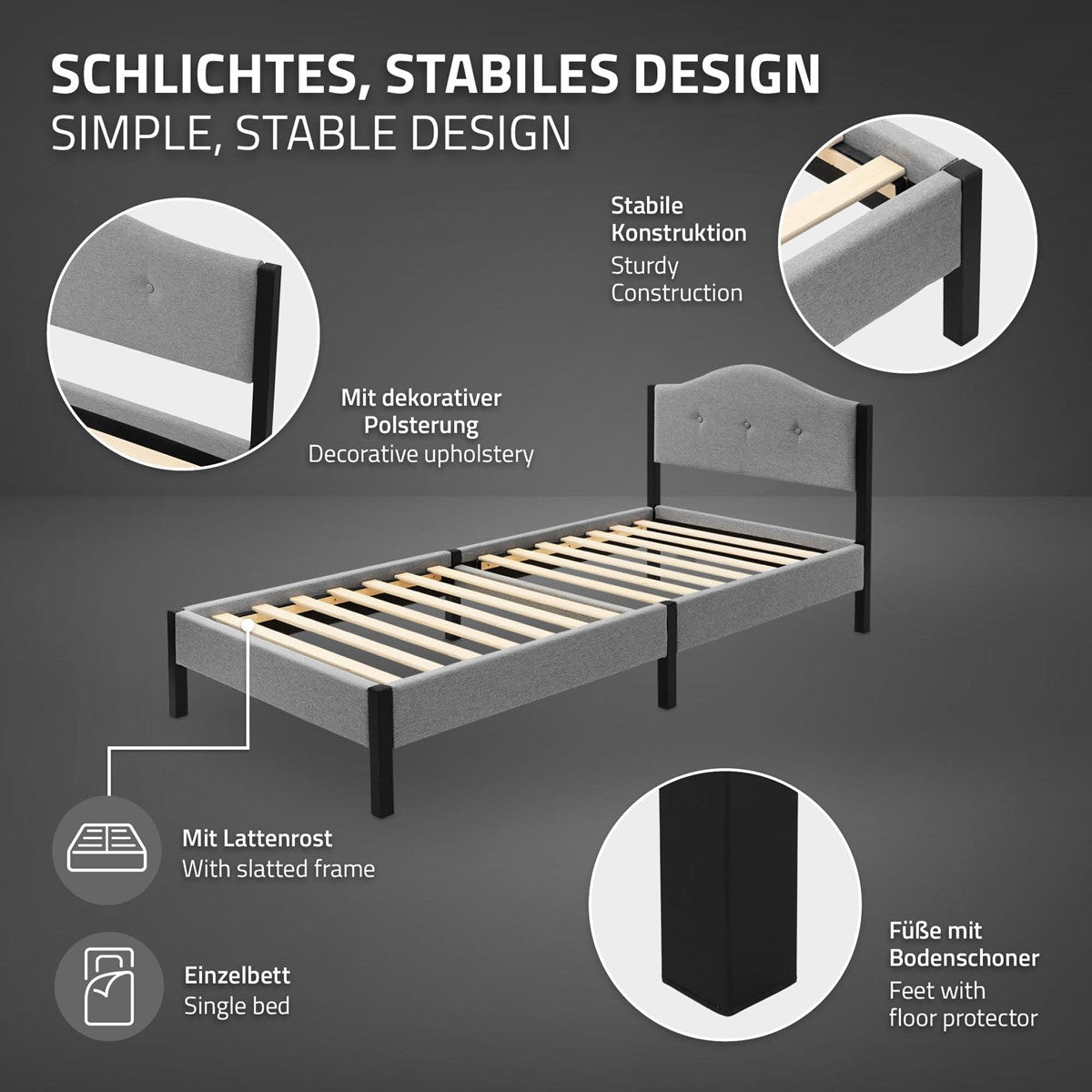 Graues Bett mit dekorativem Polster und stabiler Konstruktion.
