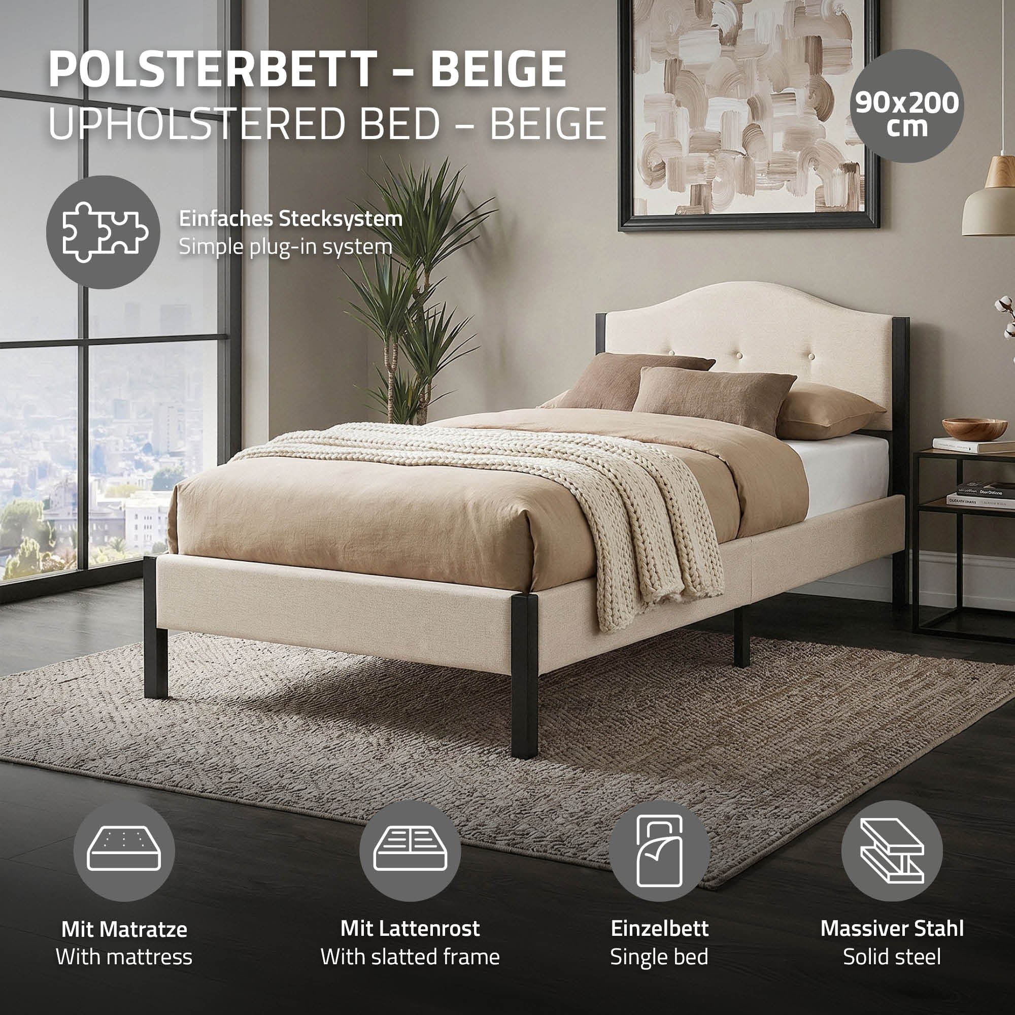 Beige Polsterbett in einem Raum mit Fenster und Aussicht, mit Bettwäsche.