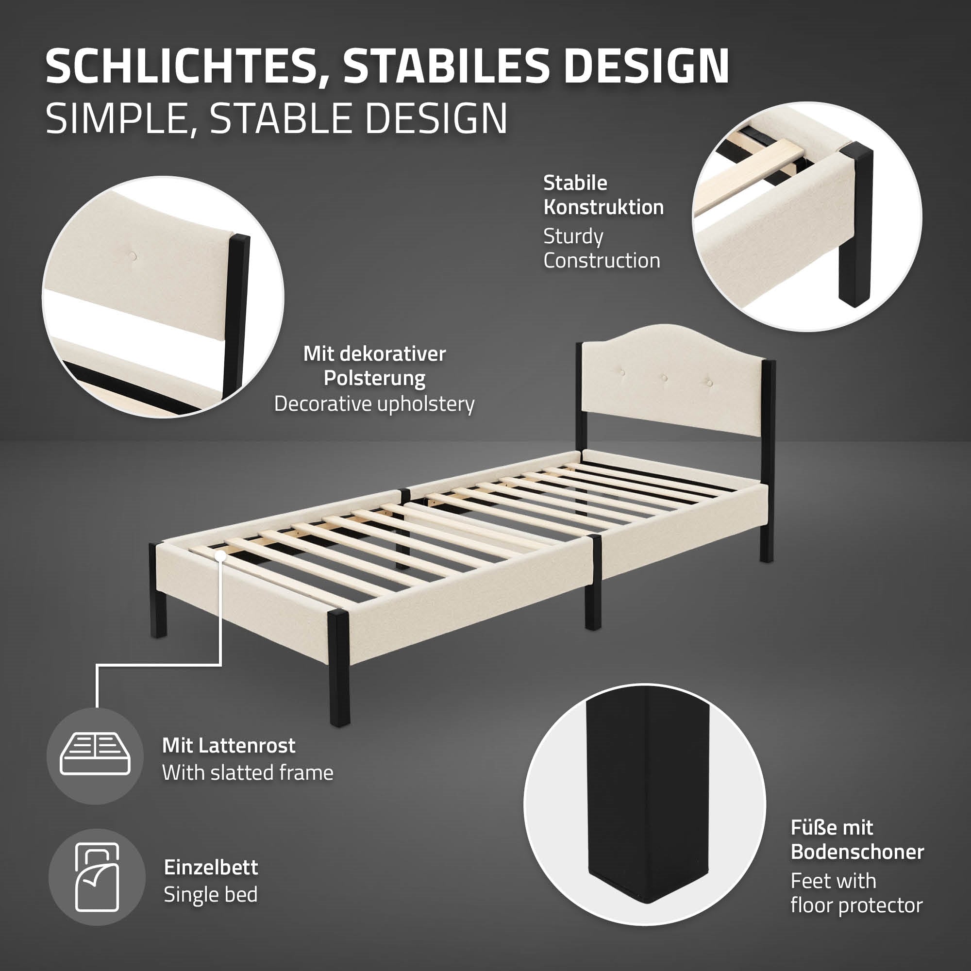 Un lit simple et stable avec un rembourrage décoratif et un cadre à lattes.