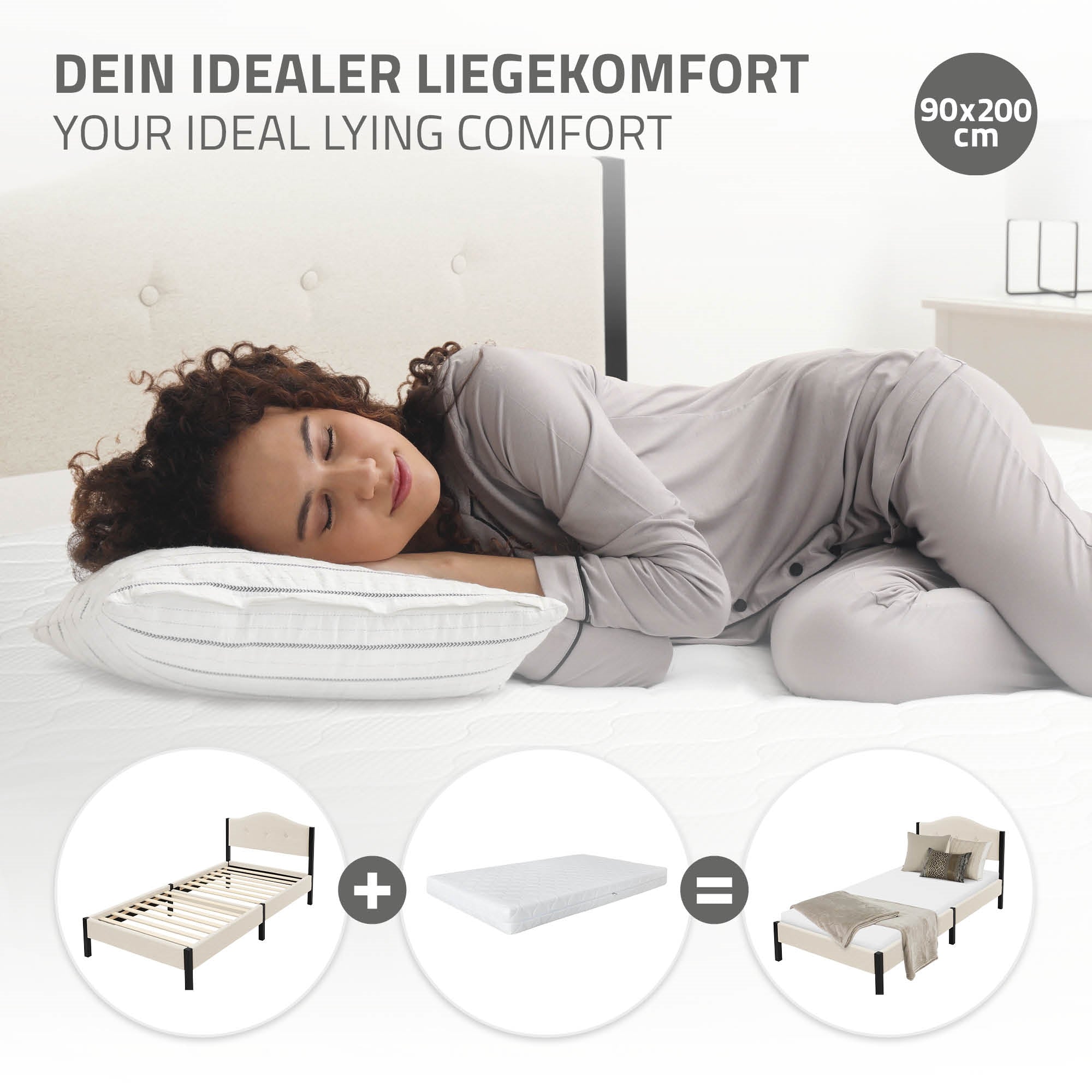 Frau liegt auf einem Bett mit Kopfkissen und trägt Schlafanzug.