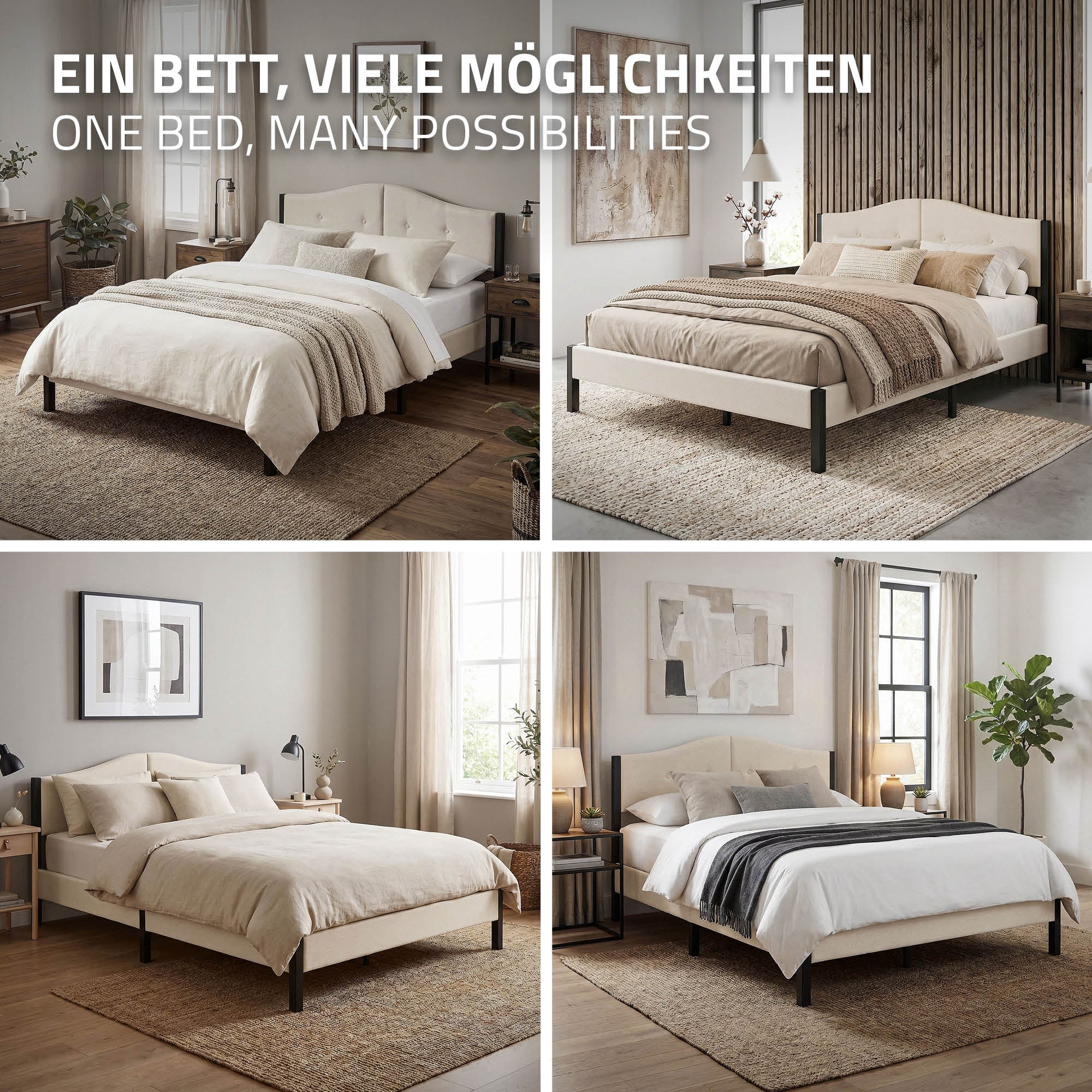 Vier Bilder von Betten in verschiedenen Designs und Farben in einem hellen Raum.