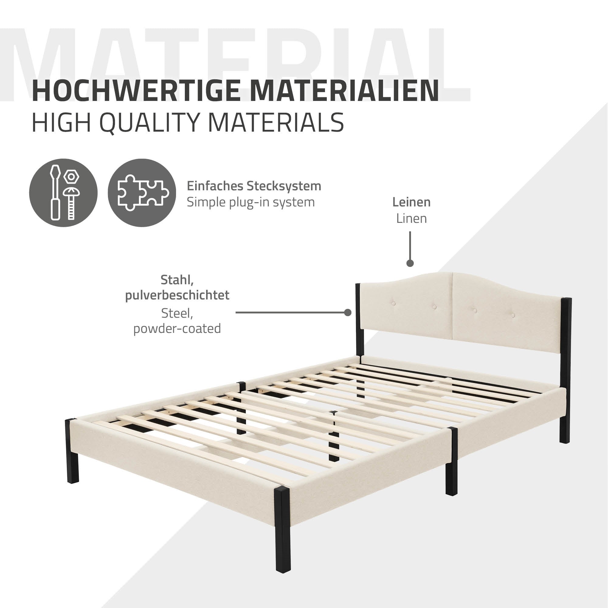 Bett mit beige gepolstertem Kopfteil und Holzlattenrost, auf weißem Hintergrund.