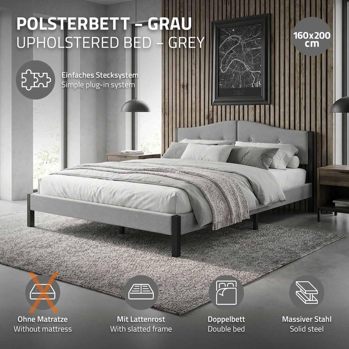 Gray upholstered bed with slatted bed base, without mattress, 160 x 200 cm.