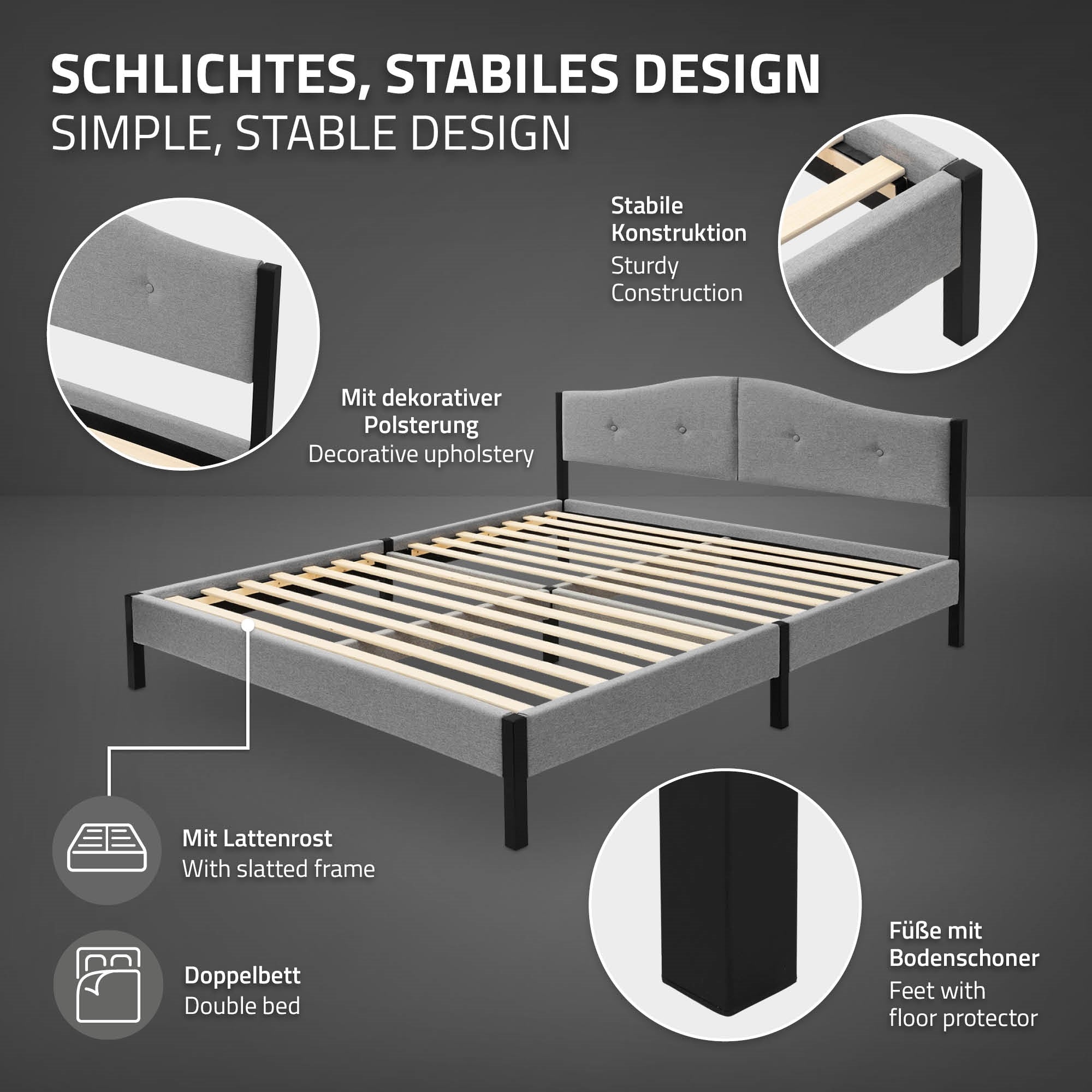 Schlichtes Bett mit stabiler Konstruktion und dekorativer Polsterung.