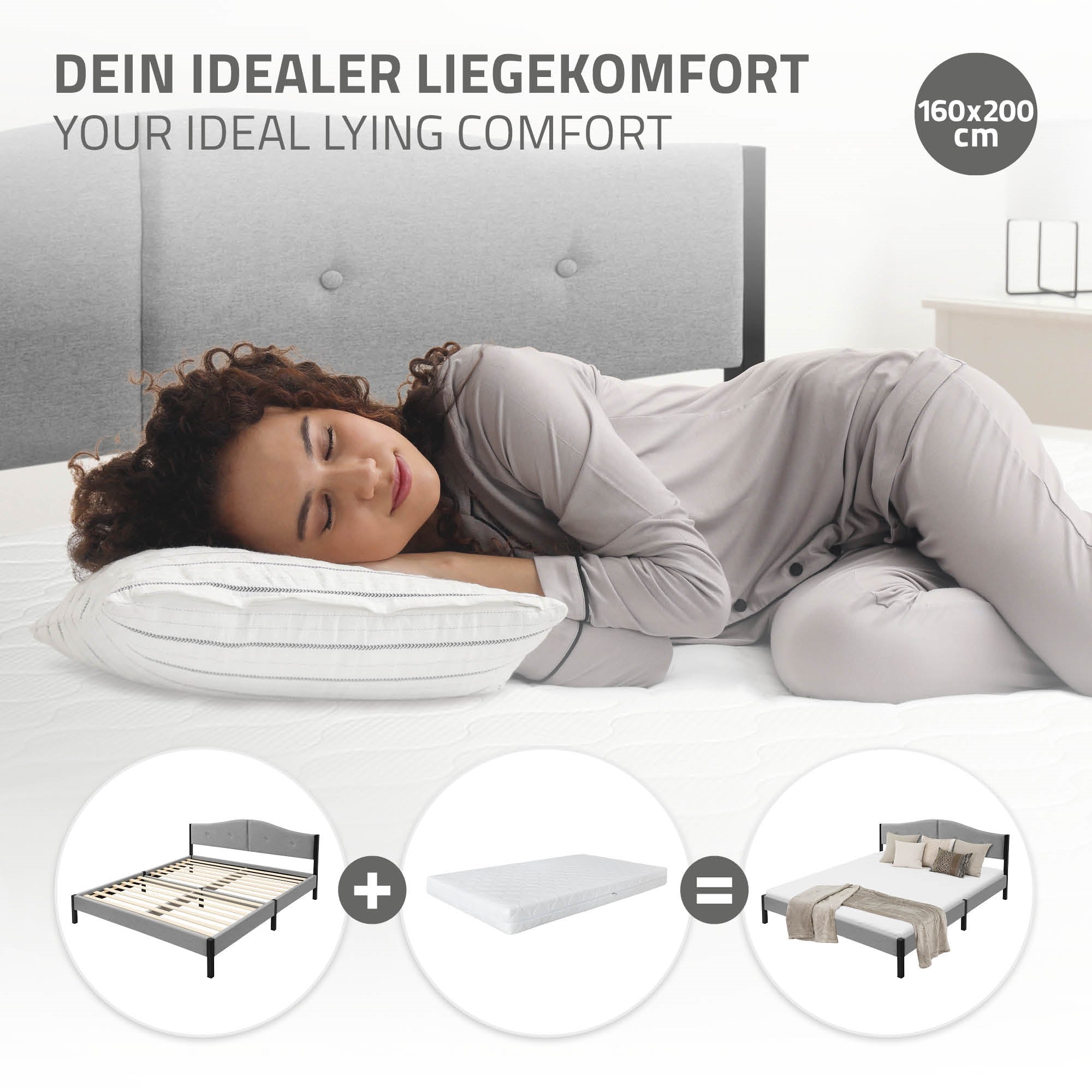 Eine schlafende Person auf einem Bett mit Kopfkissen und grauer Bettwäsche.