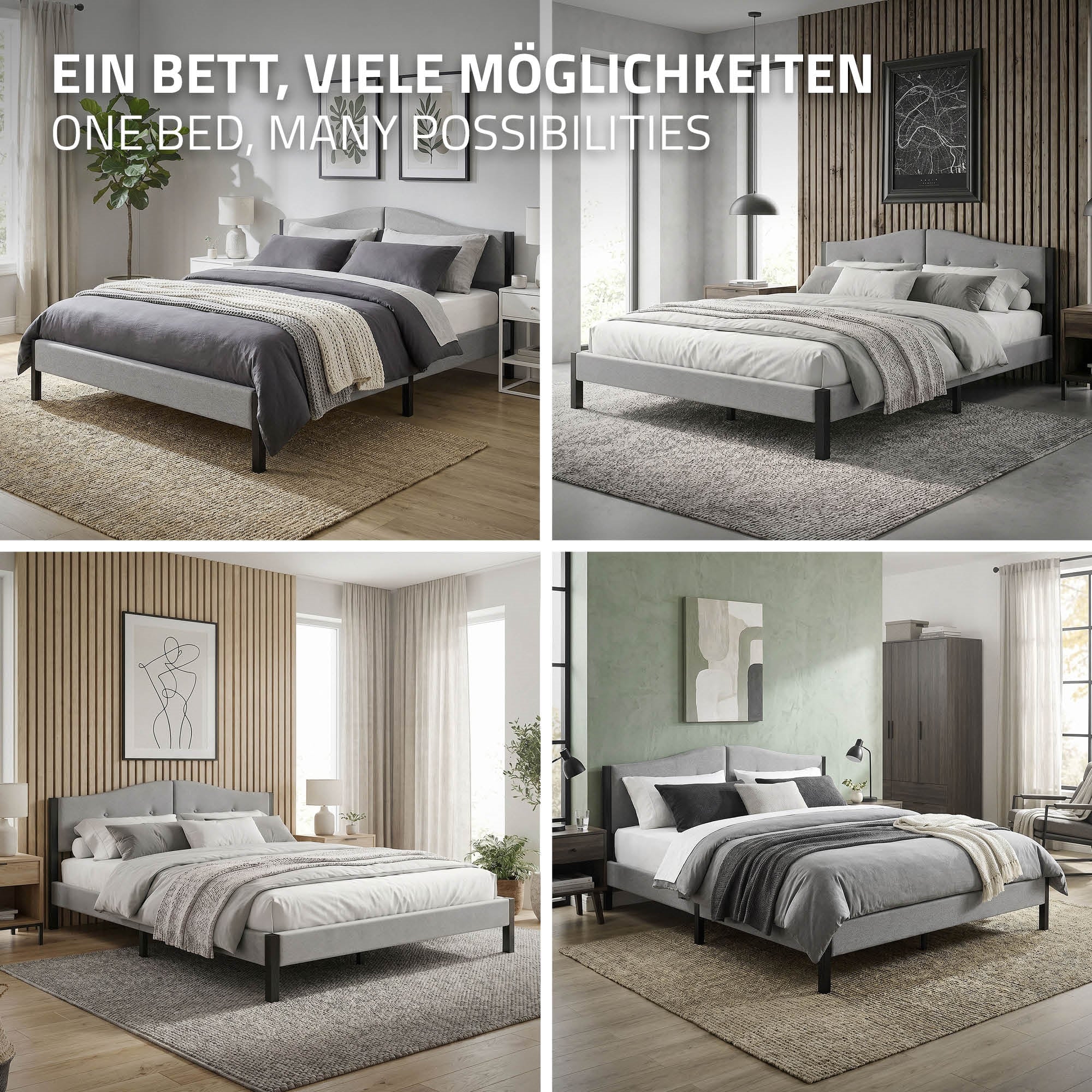 Vier Bilder von Betten in verschiedenen Designs und Farben, mit dem Text 'Ein Bett, viele Möglich