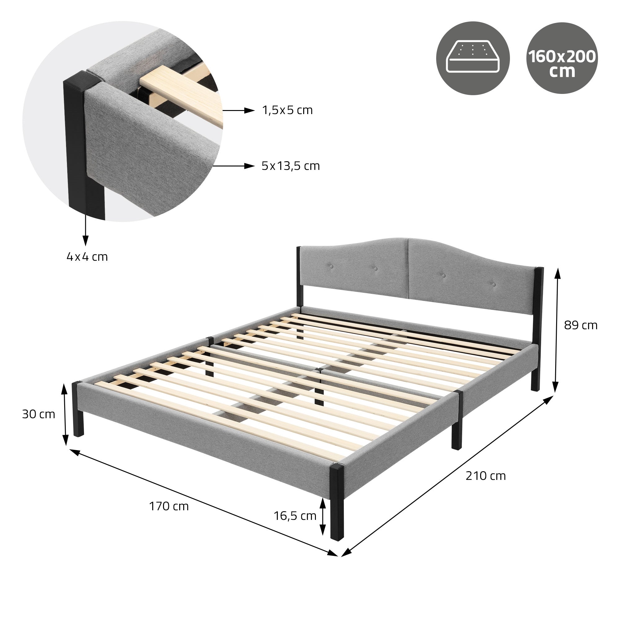 Bett mit Lattenrost, Maße und Details zur Konstruktion sichtbar.