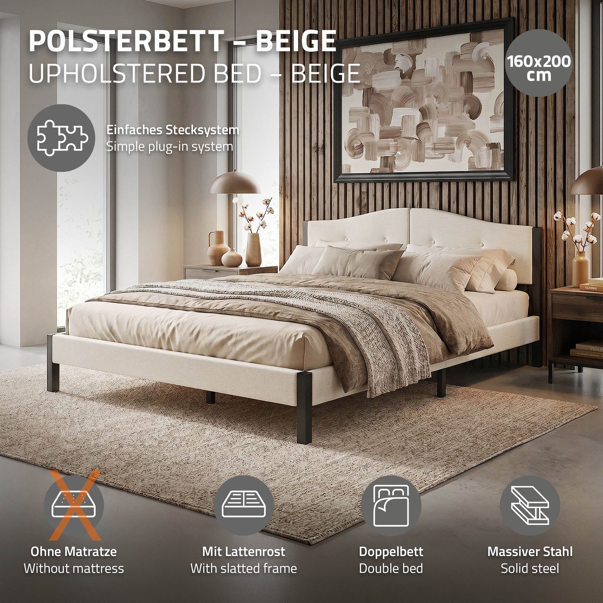 Beige Polsterbett mit Lattenrost und Teppich im modernen Schlafzimmer.